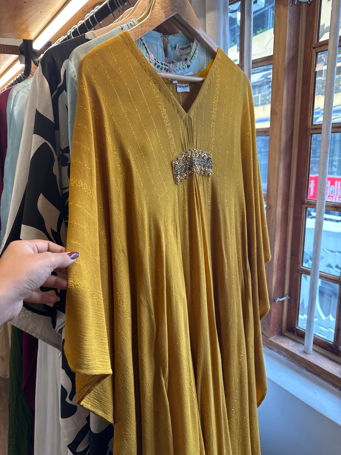 Mustard yellow crushed cotton with embroidery Kaftan, inner slip strap dress L, chest 40