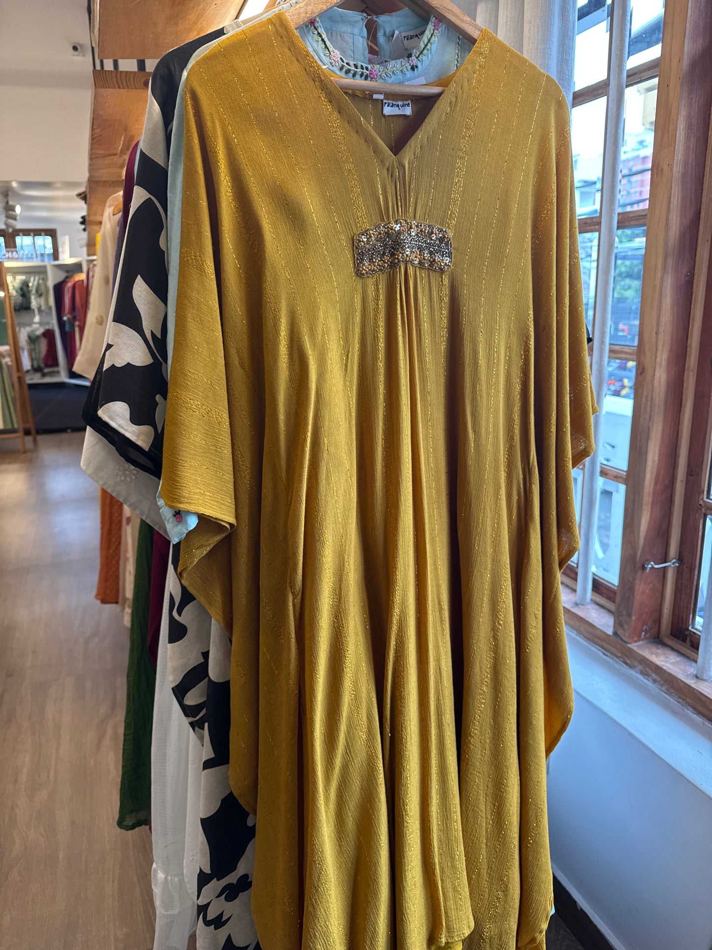 Mustard yellow crushed cotton with embroidery Kaftan, inner slip strap dress L, chest 40