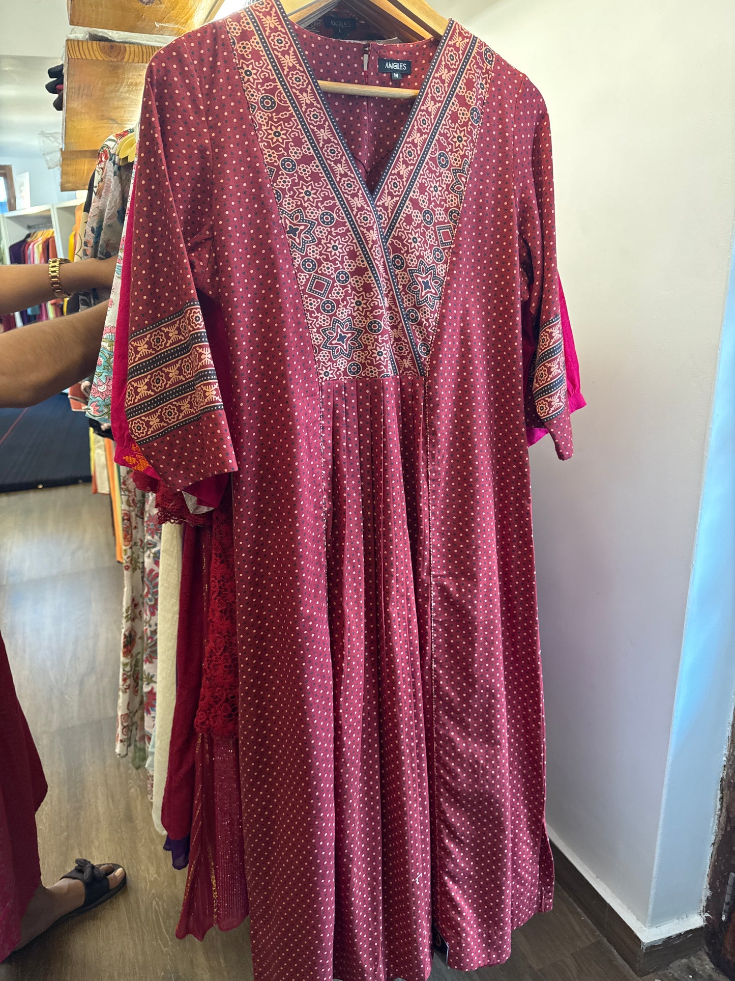 Maroon cotton with dots, overlap v neck,  dress chest size 36,38,40