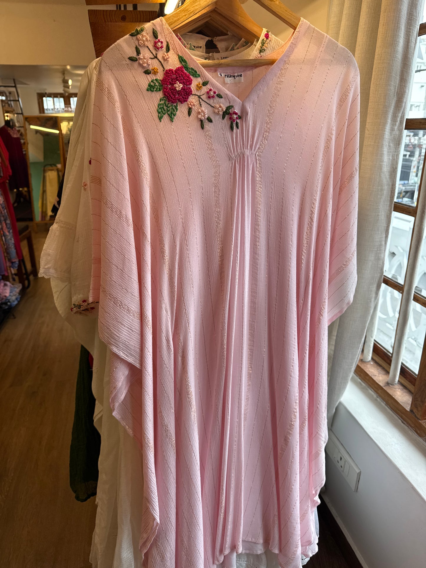 Pink Crushed cotton with thin gold stripes kaftan , floral hand embroidery on shoulder , inner slip included , chest size 34-36