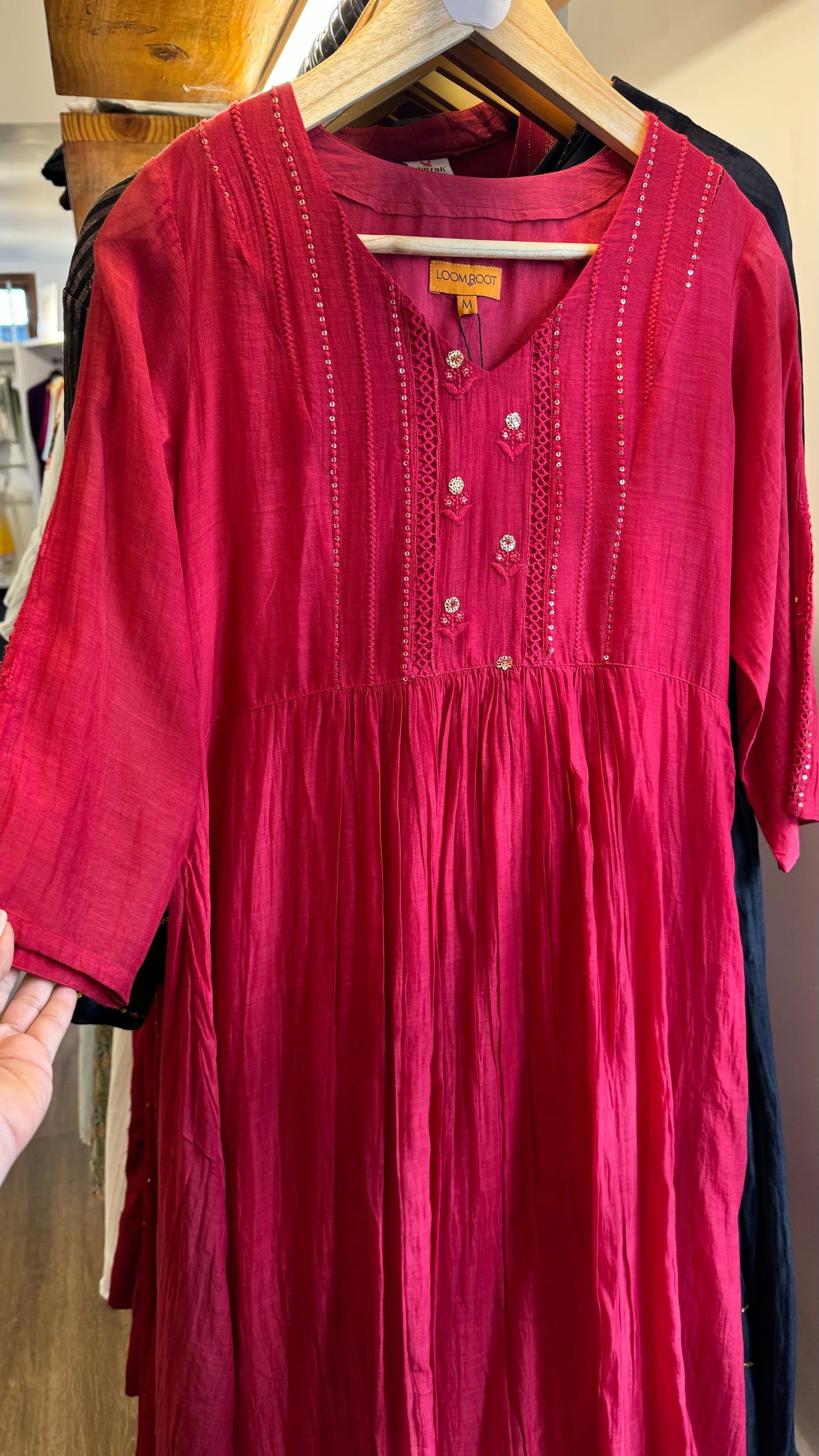 Red mul chanderi v neck dress  with lace work on yoke