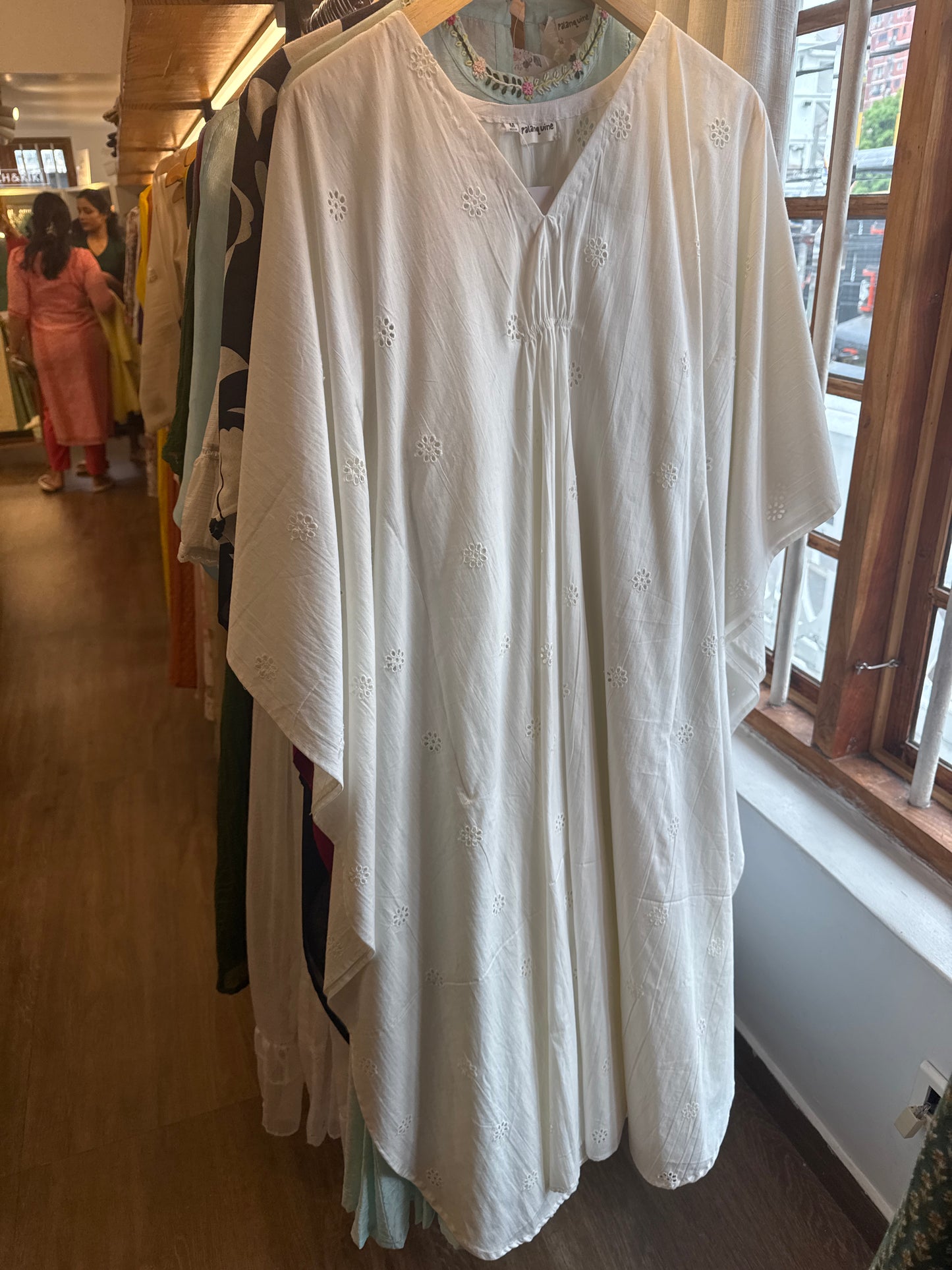 White schifli cotton kaftan with inner slip with strap size M , chest 38