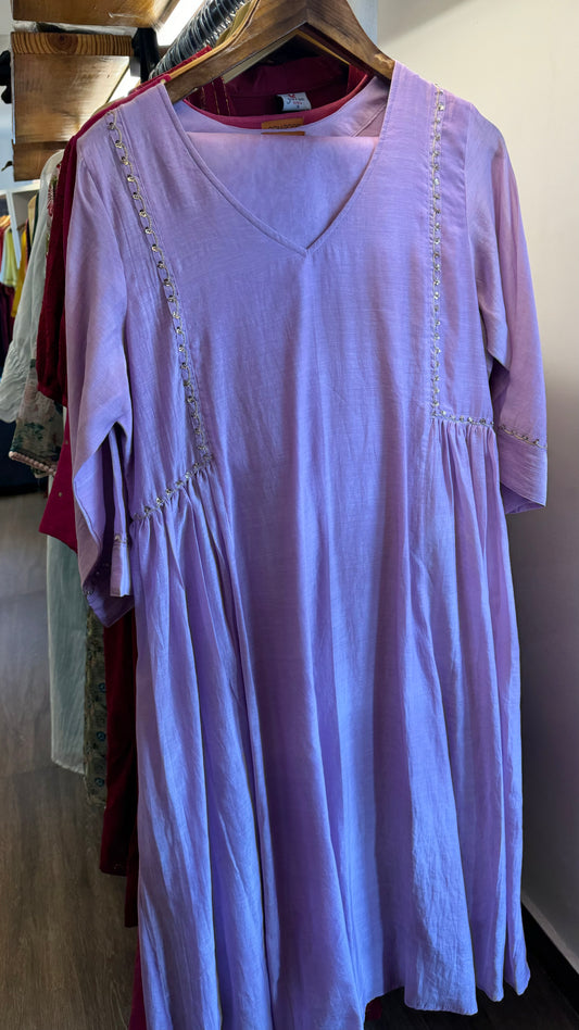 Pastel lavender chanderi side panel dress with organza duppatta