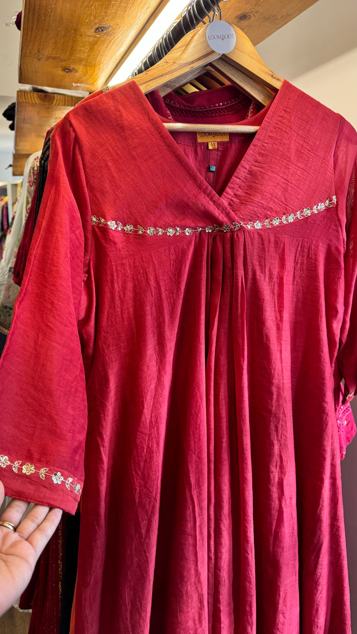 Bright red hand woven mul chanderi overlap neck with golden floral work