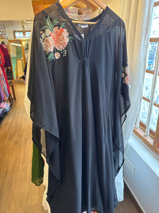 Black viscose Georgette kaftan, inner slip strap , floral appliqué embroidery on shoulder , chest 34-36