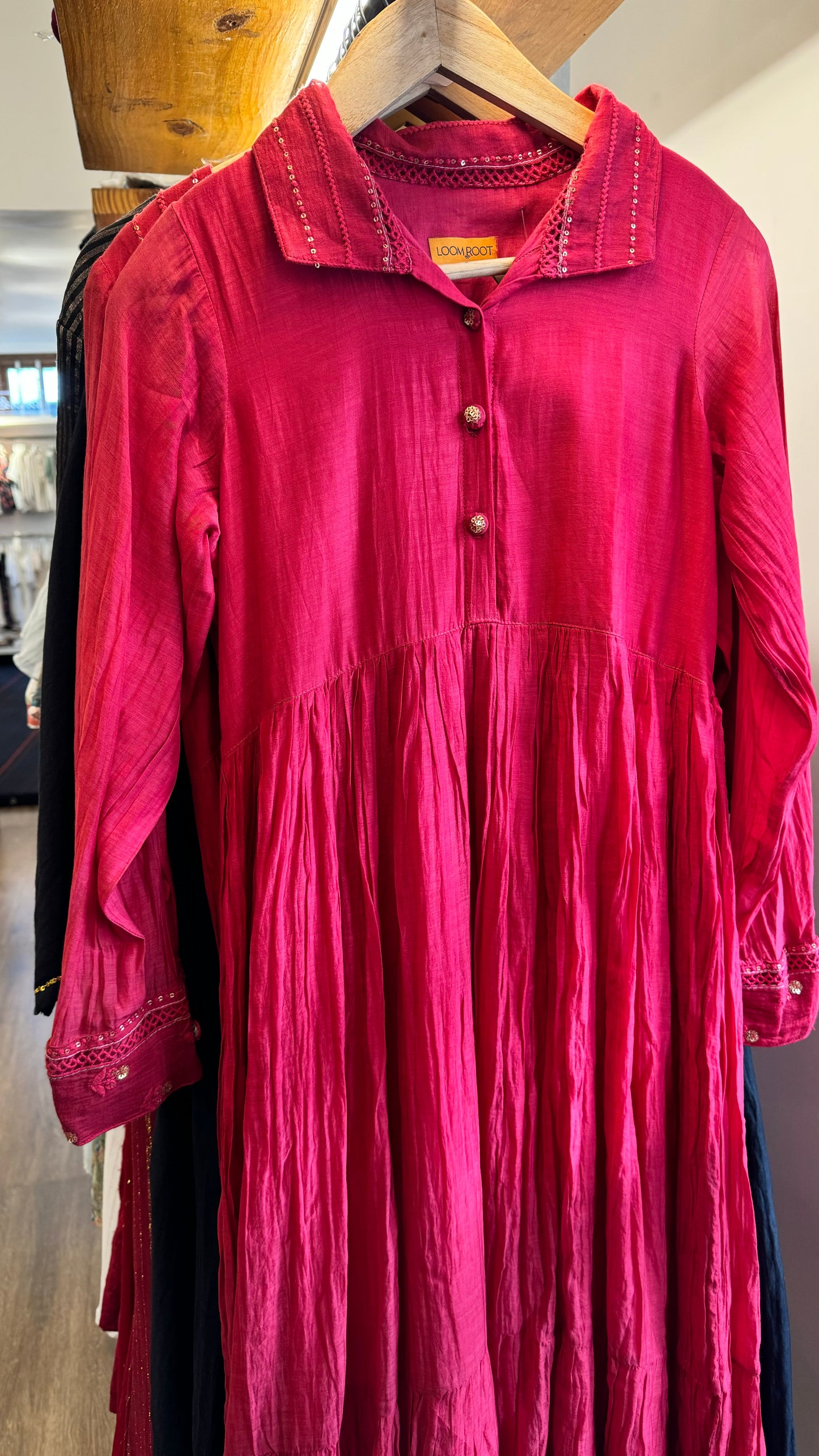 Red mul chanderi shirt dress with collar and lace work on sleeves