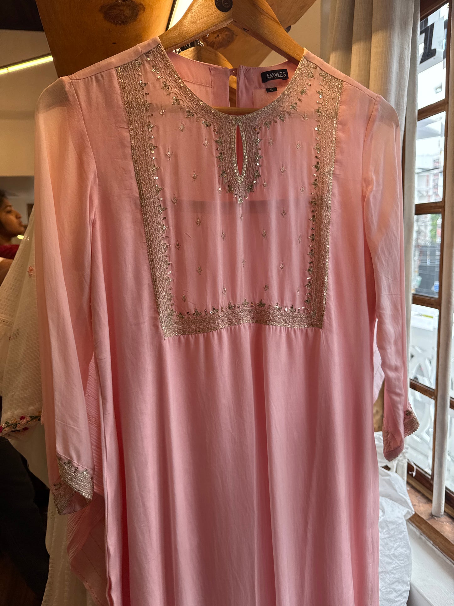 Pastel pink viscous organza kurta with antique gold embroidered yoke ,key hole neck chest size 38