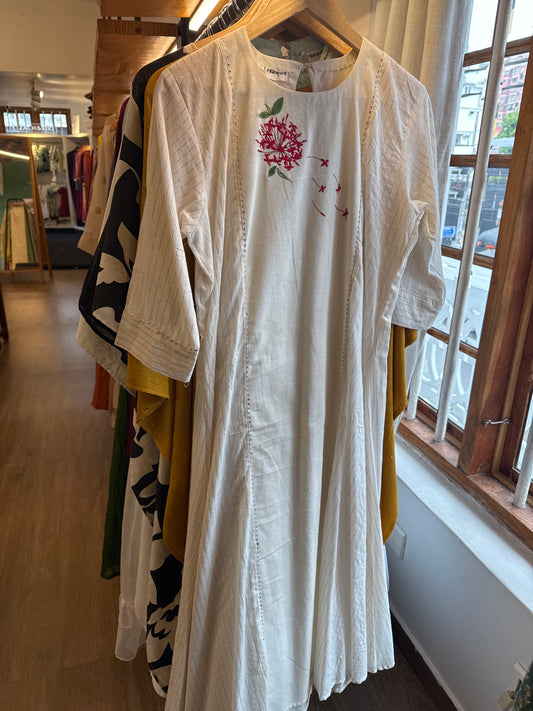 Cotton panelled dress with red flowers embroidered yoke and thin gold lace , chest size 40