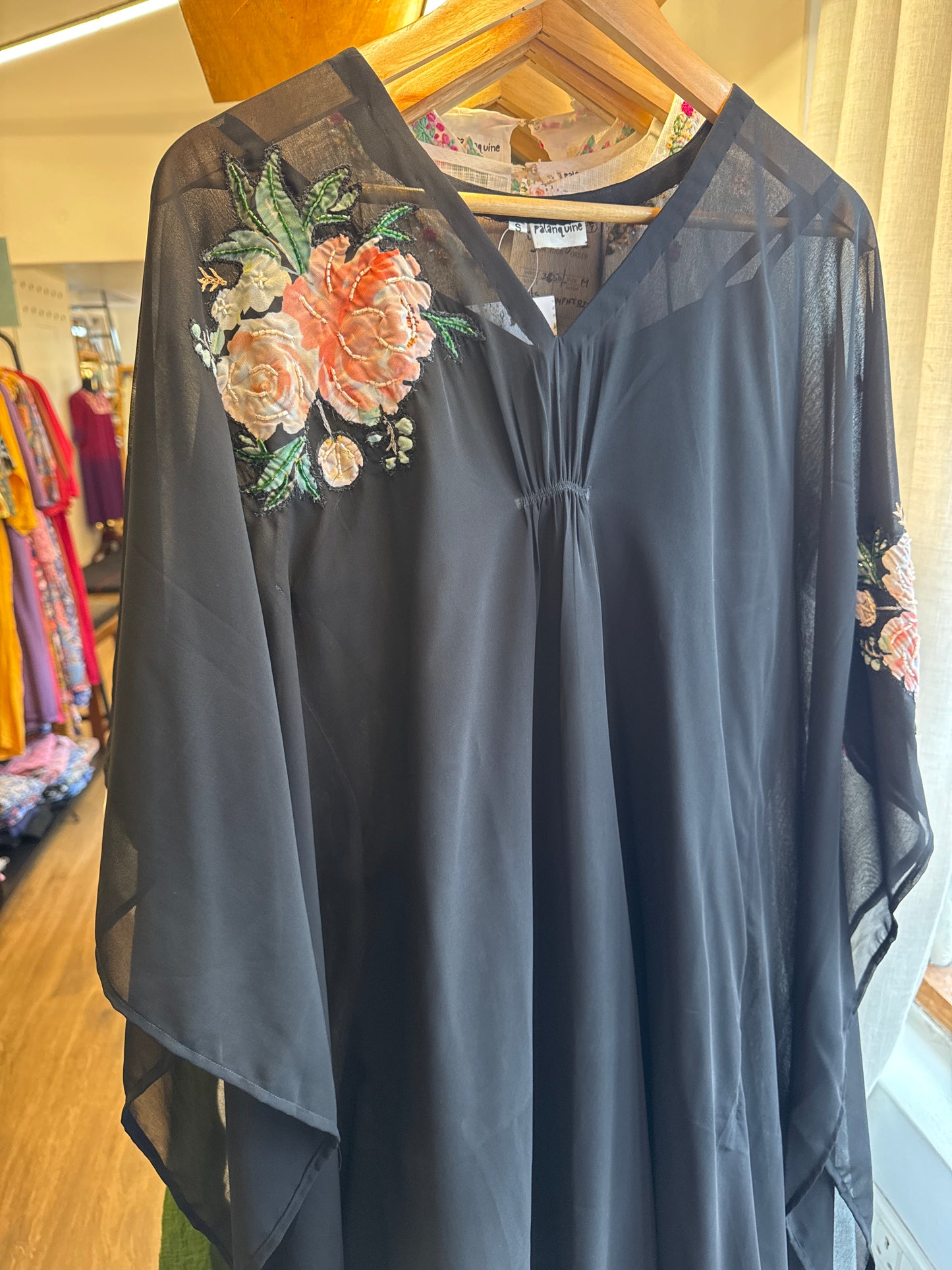 Black viscose Georgette kaftan, inner slip strap , floral appliqué embroidery on shoulder , chest 34-36