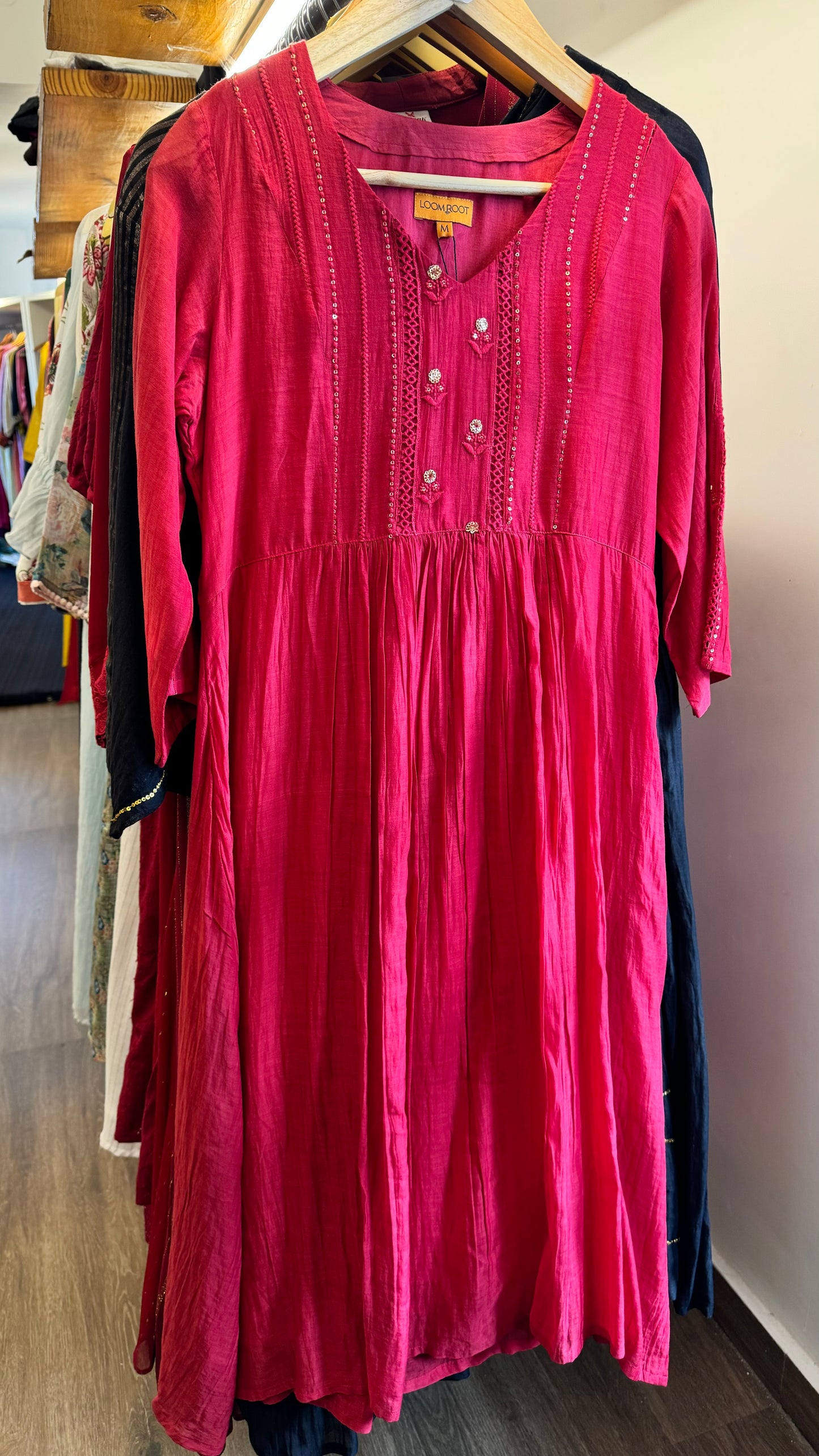 Red mul chanderi v neck dress  with lace work on yoke