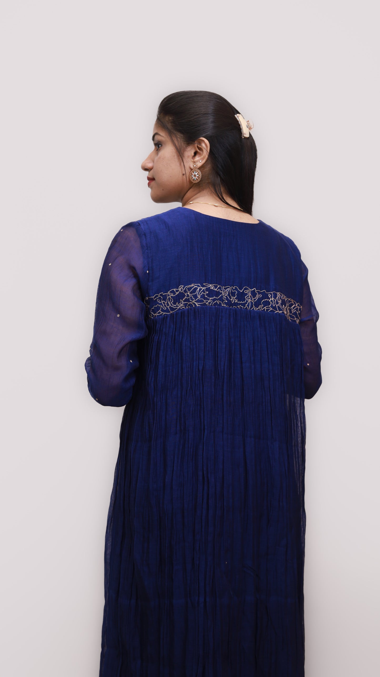 Blue dress in soft Chanderi with gold thread-work