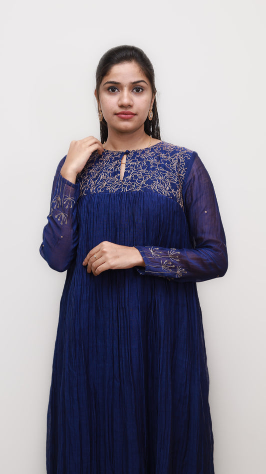 Blue dress in soft Chanderi with gold thread-work