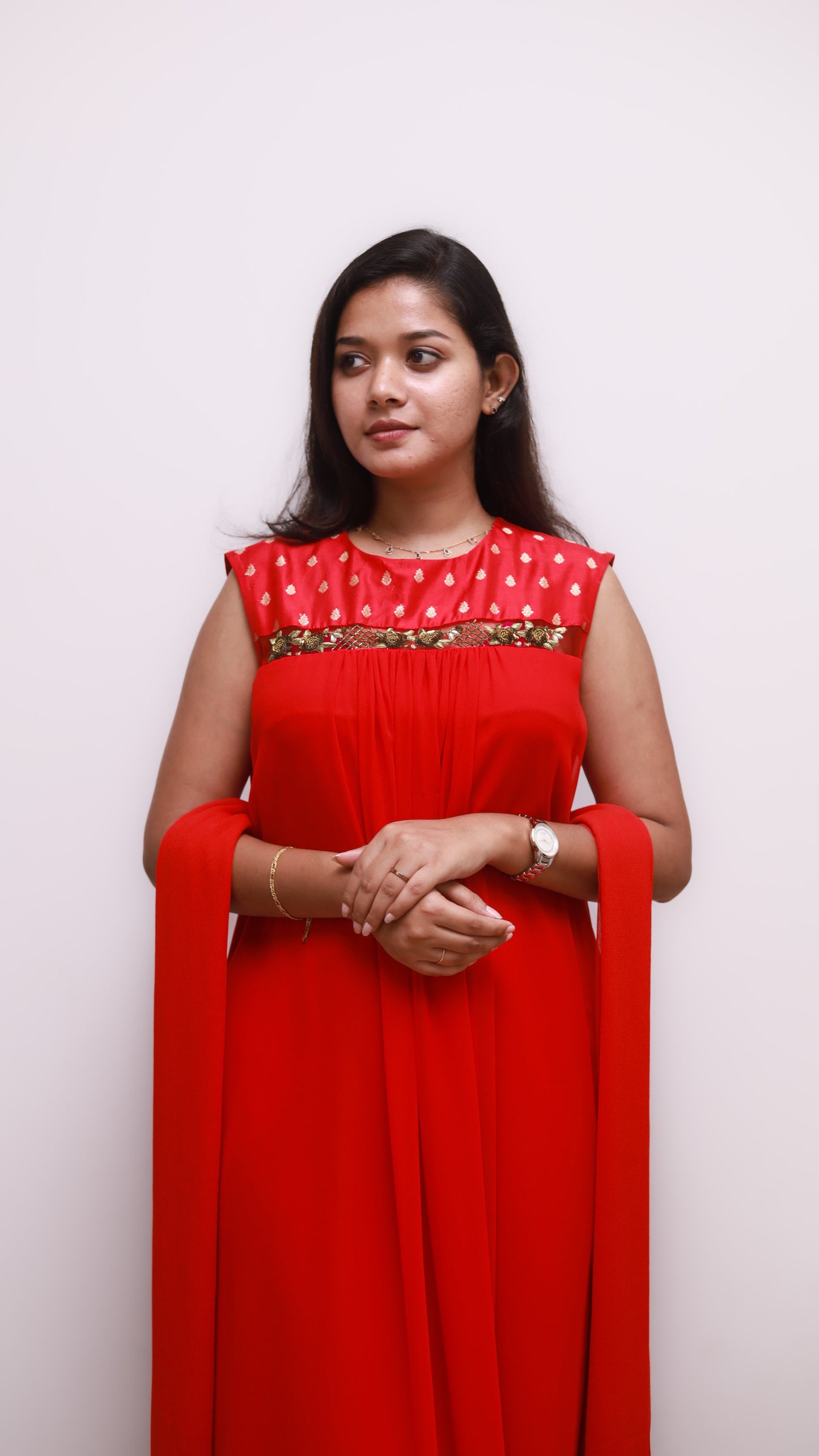 Red tunic with embroidery on yoke line & dupatta