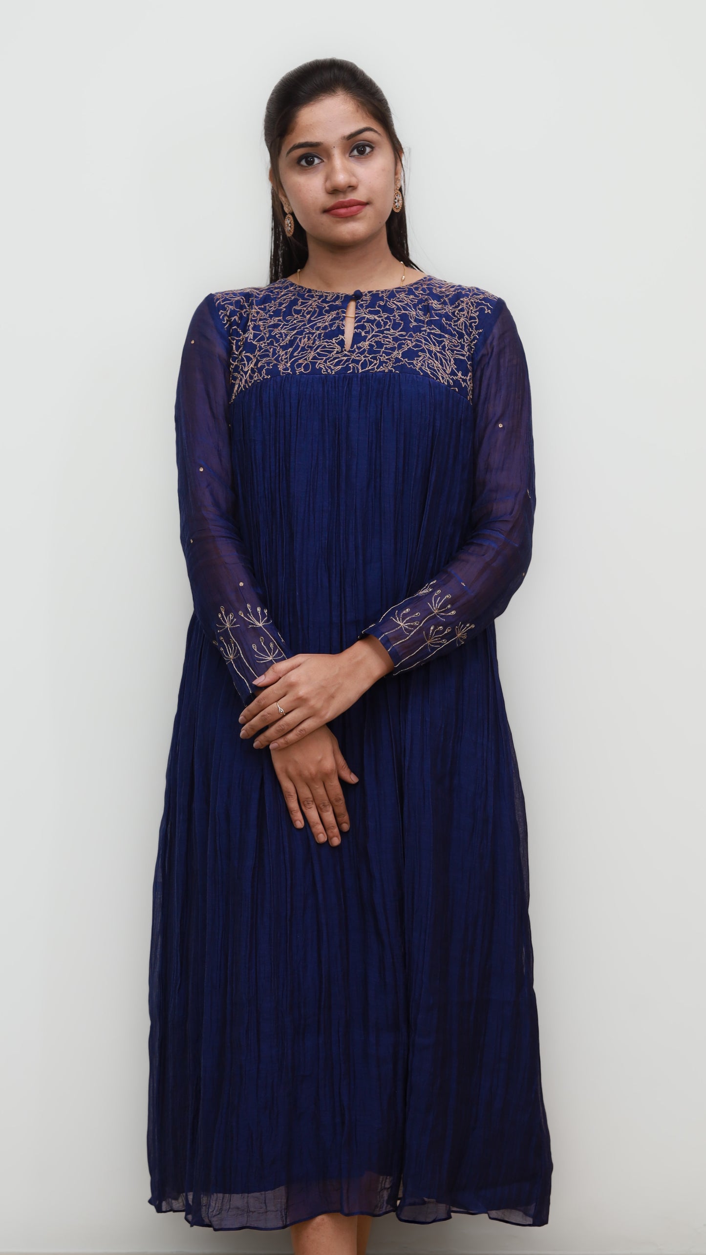 Blue dress in soft Chanderi with gold thread-work