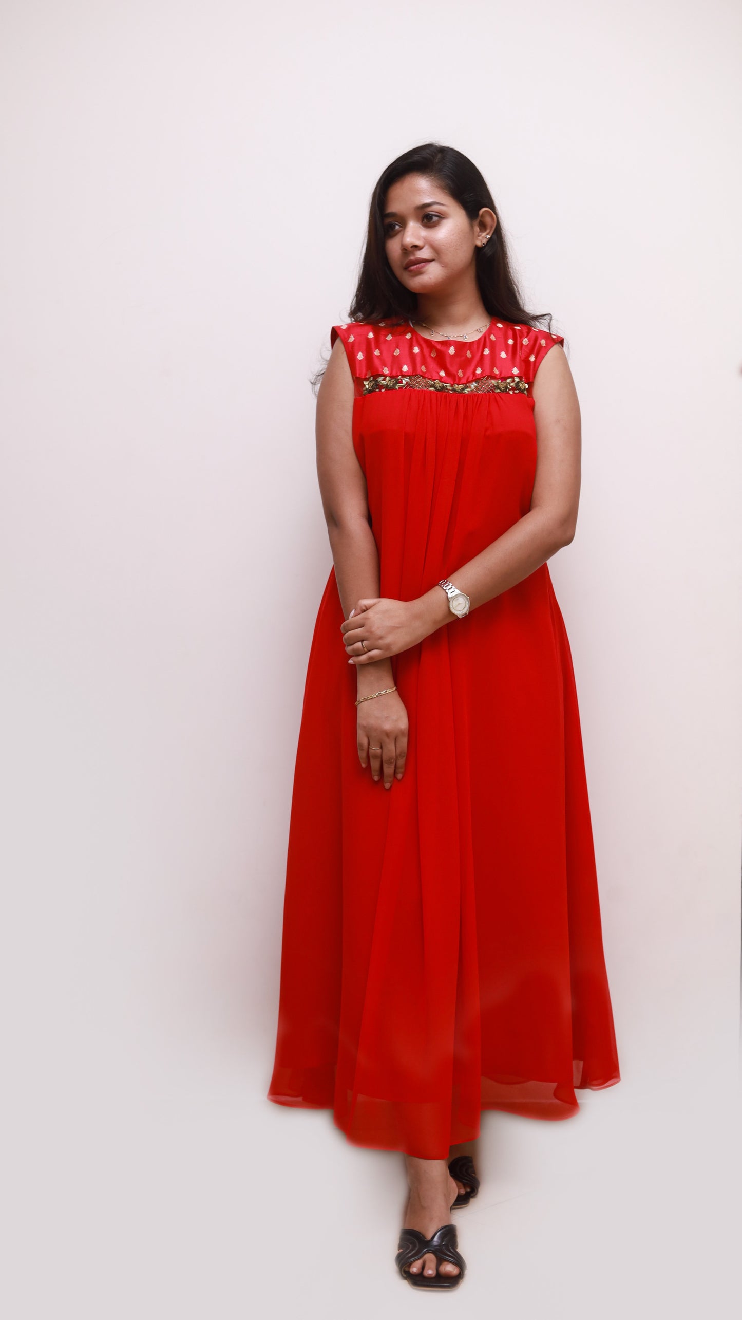 Red tunic with embroidery on yoke line & dupatta