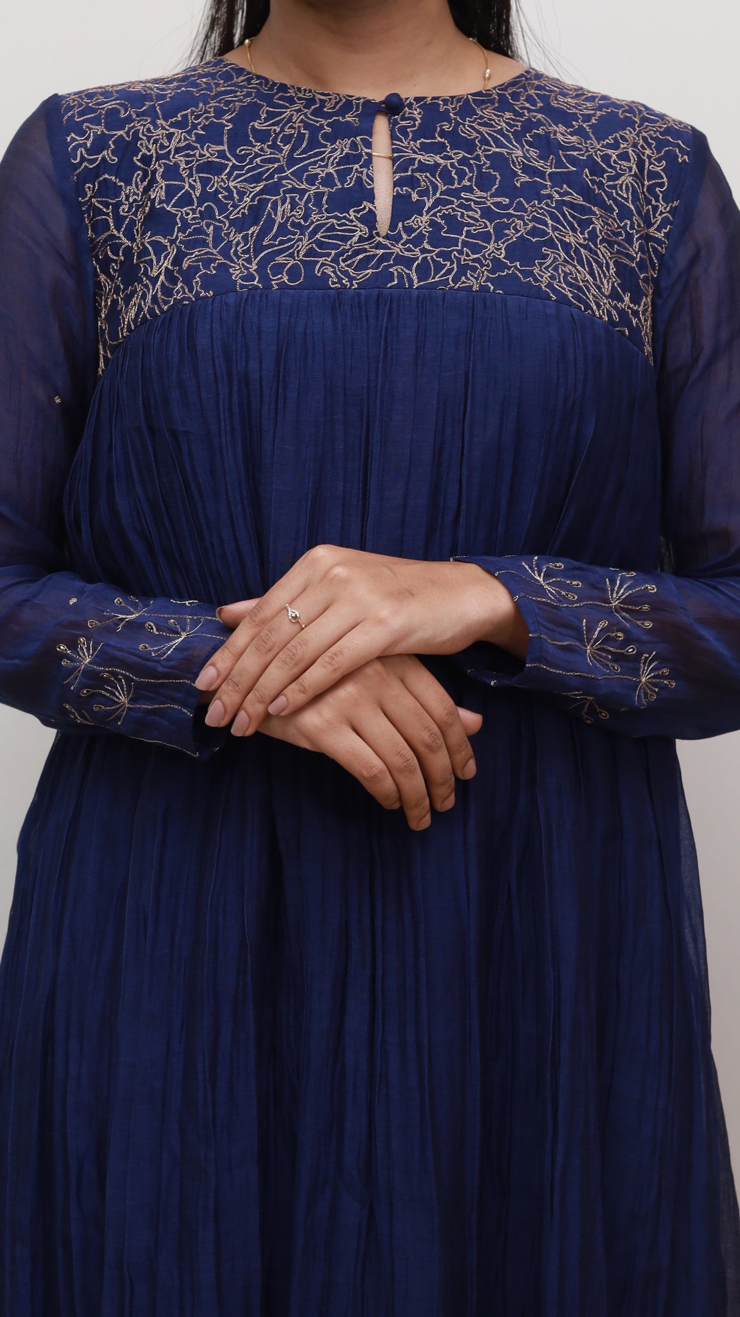 Blue dress in soft Chanderi with gold thread-work