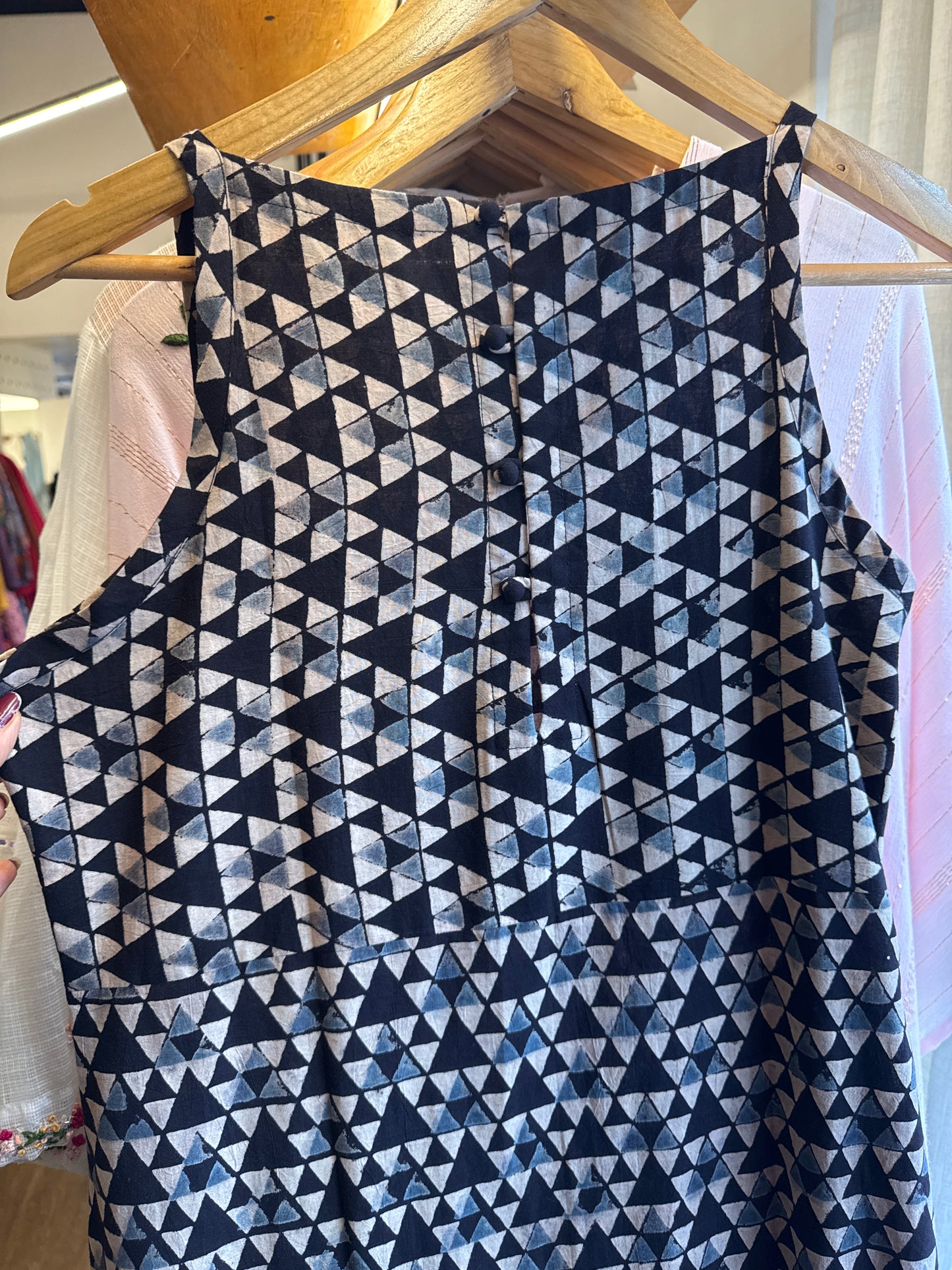 Black and beige checkered dress, strap with wide neck and closed back cotton , chest size 38