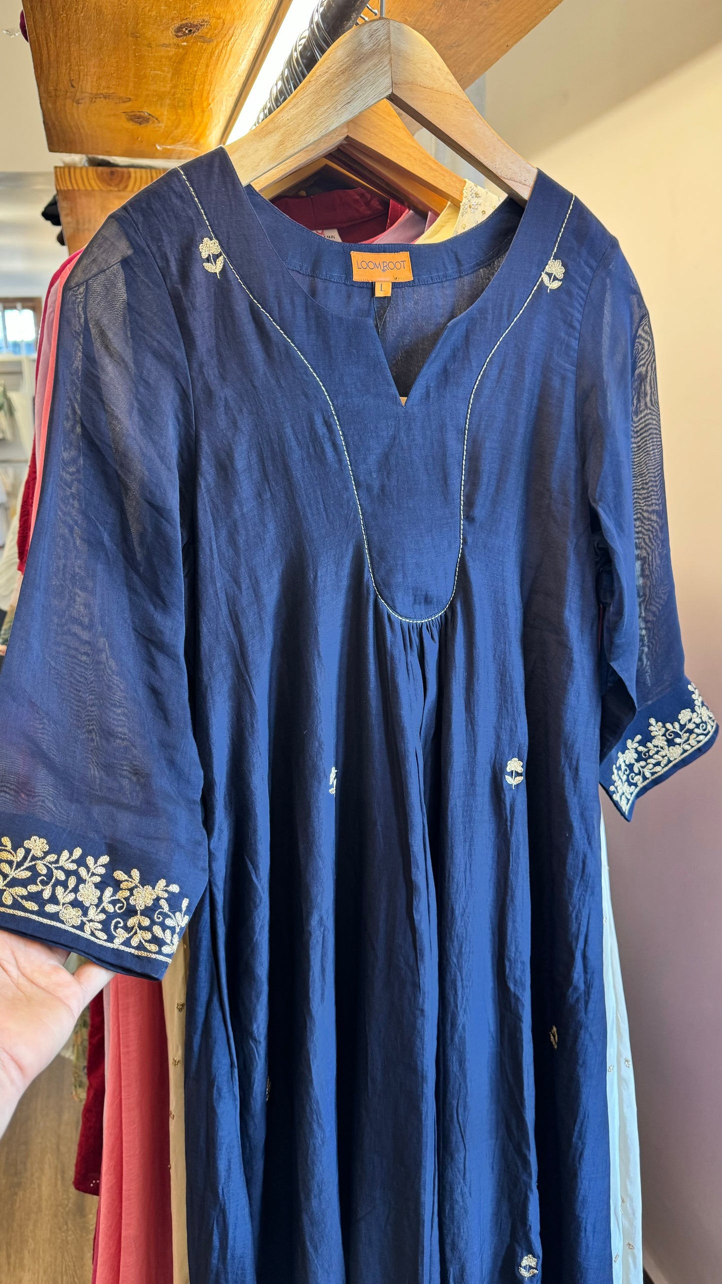 Navy blue dress golden work on yoke and sleeve ends