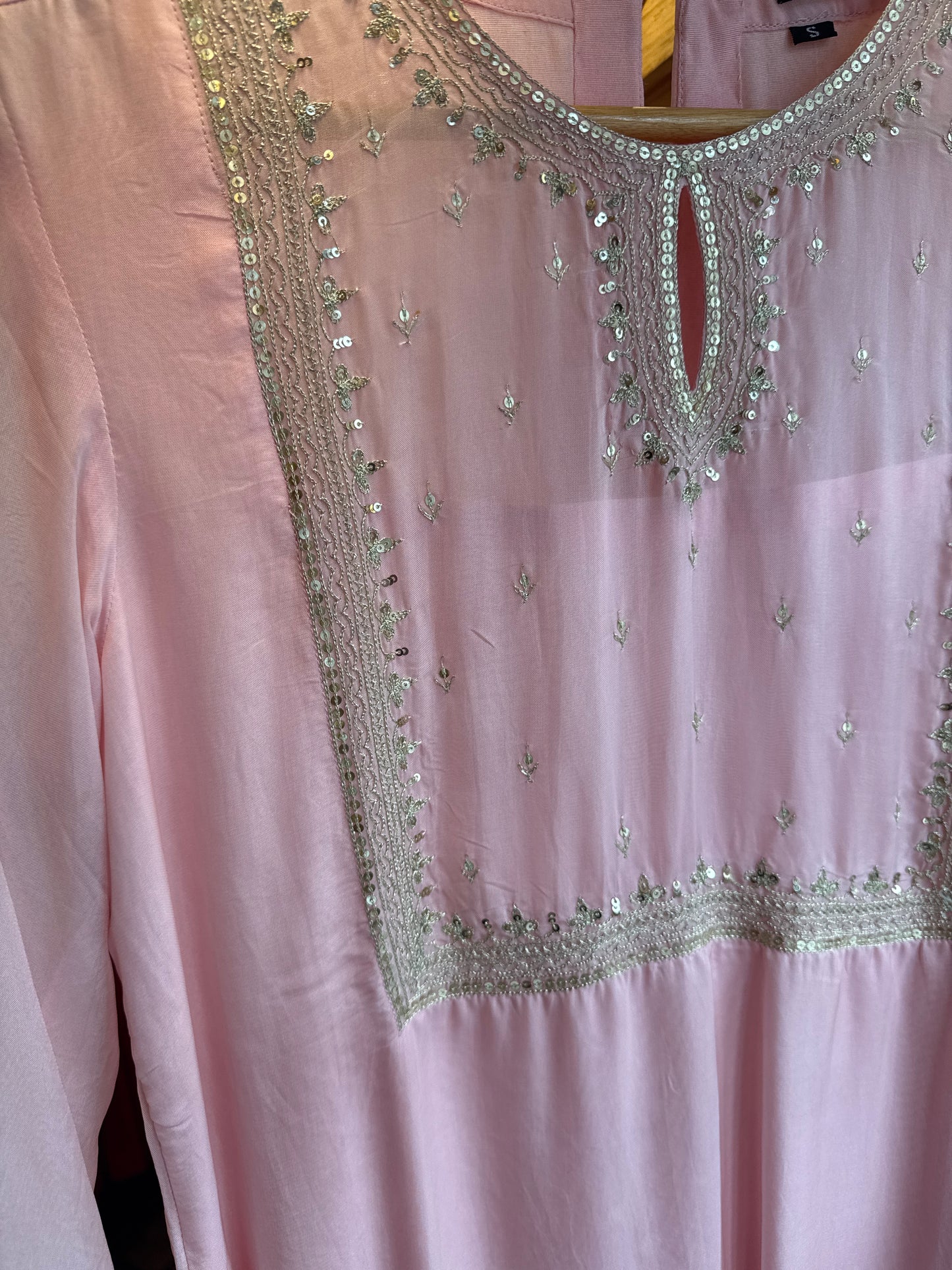 Pastel pink viscous organza kurta with antique gold embroidered yoke ,key hole neck chest size 38