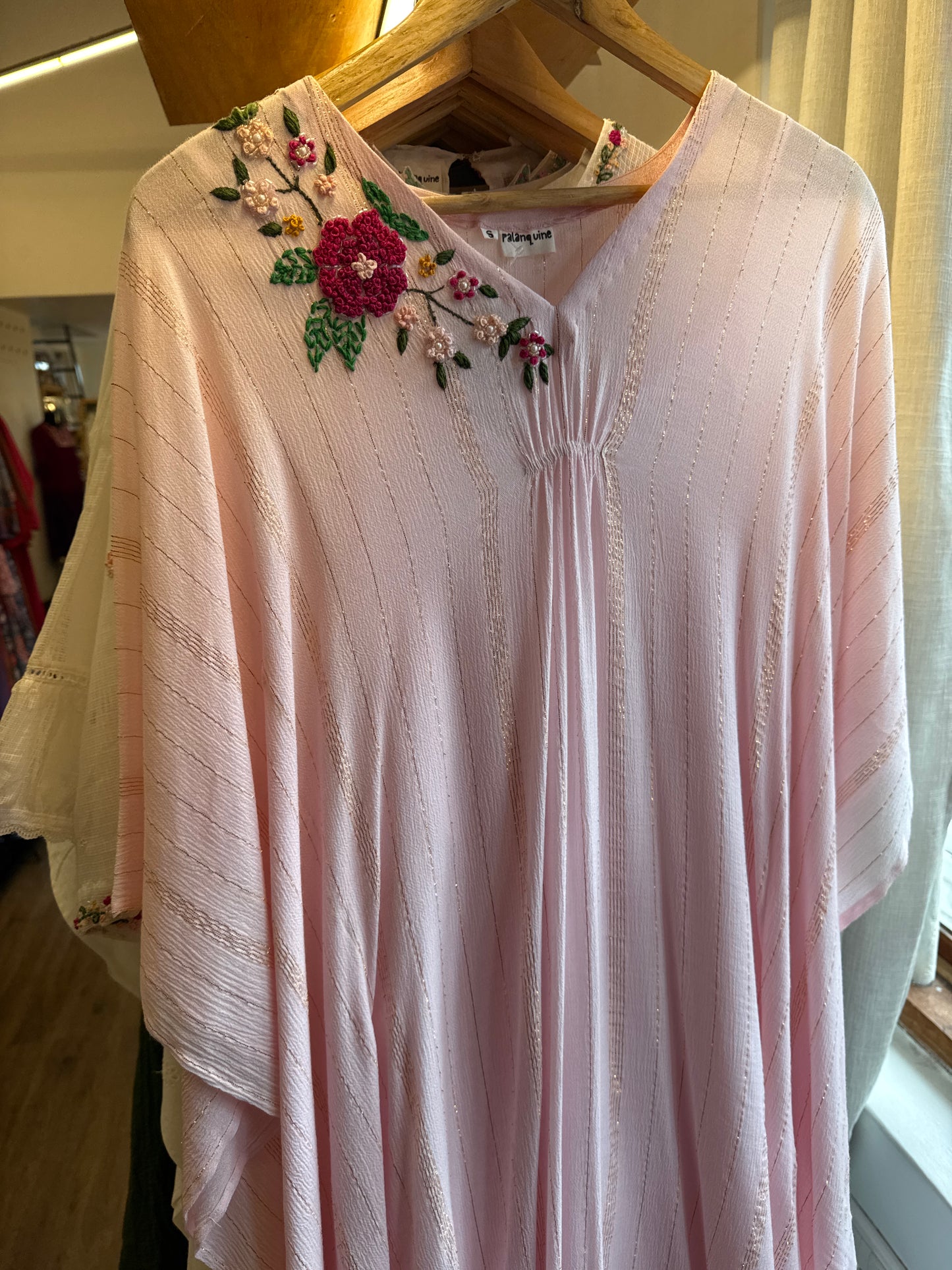 Pink Crushed cotton with thin gold stripes kaftan , floral hand embroidery on shoulder , inner slip included , chest size 34-36