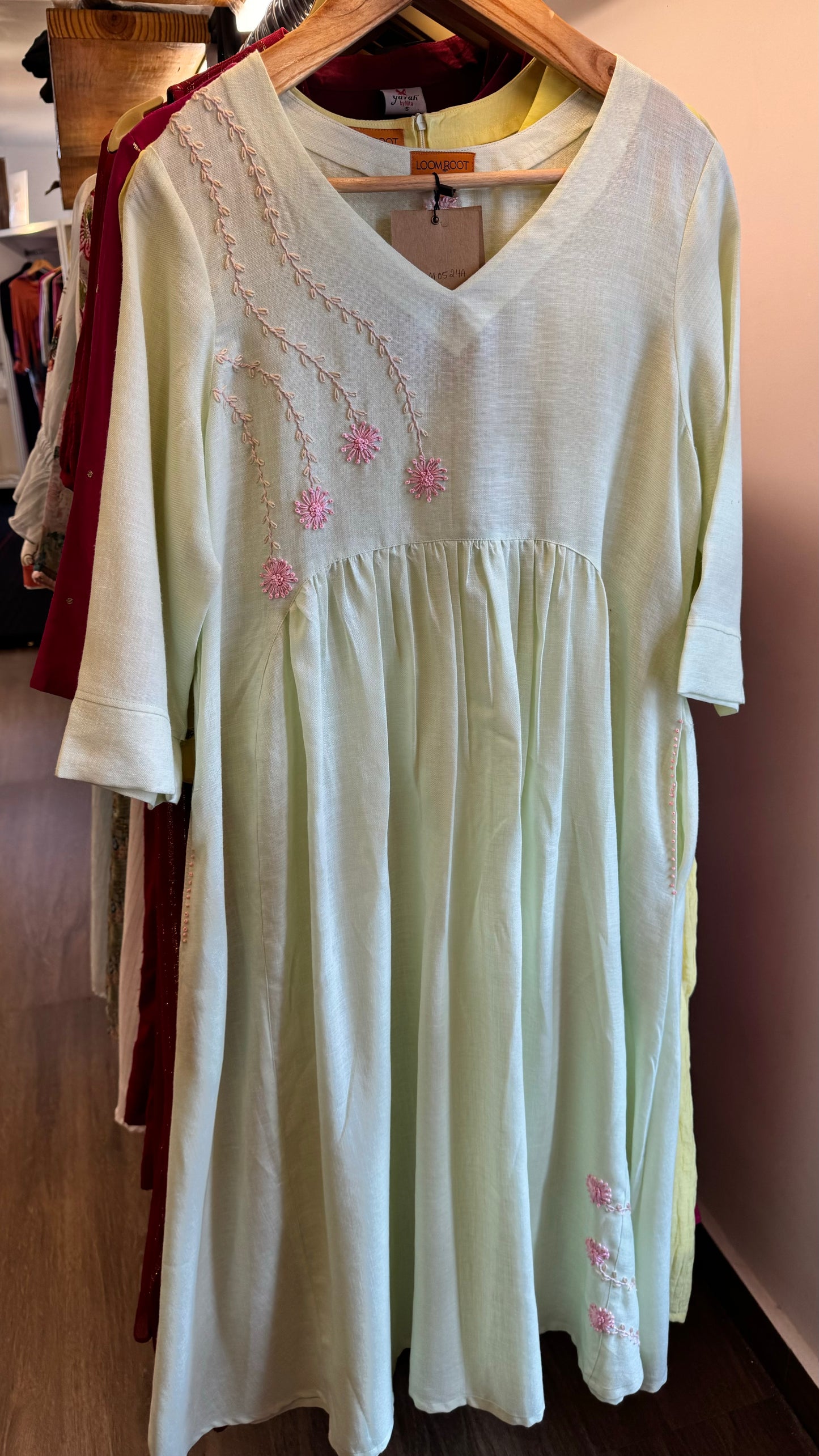 Pastel linen mint green dress with pink floral