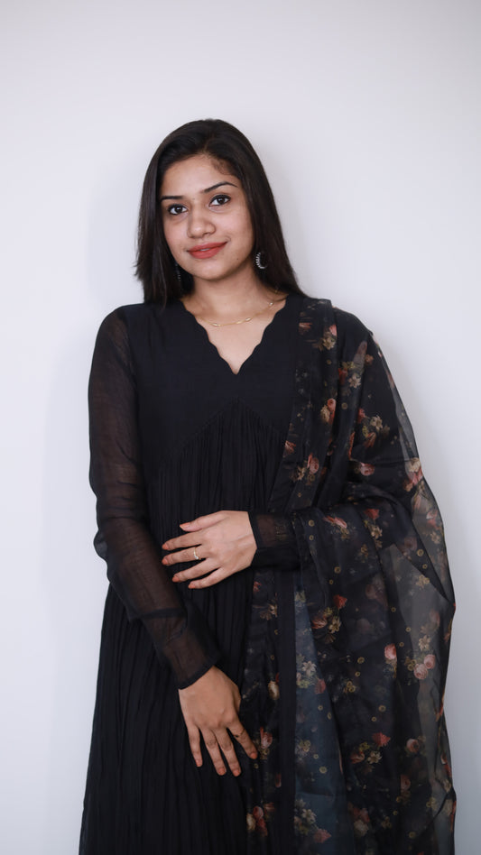 Black Chanderi Anarkali with printed organza dupatta