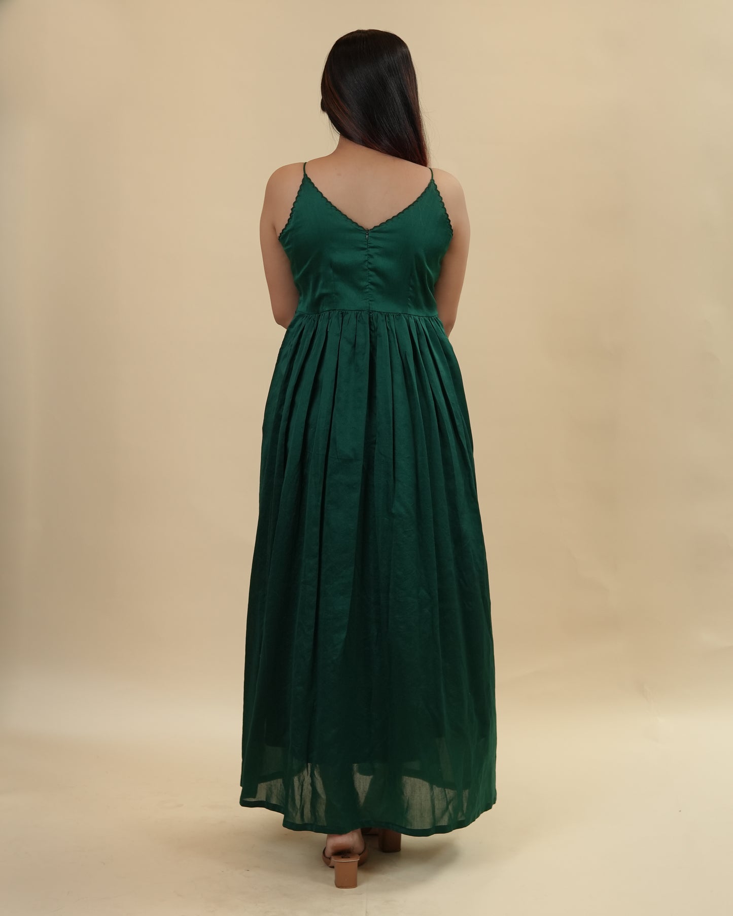 Dark green strap dress with emroidered yoke