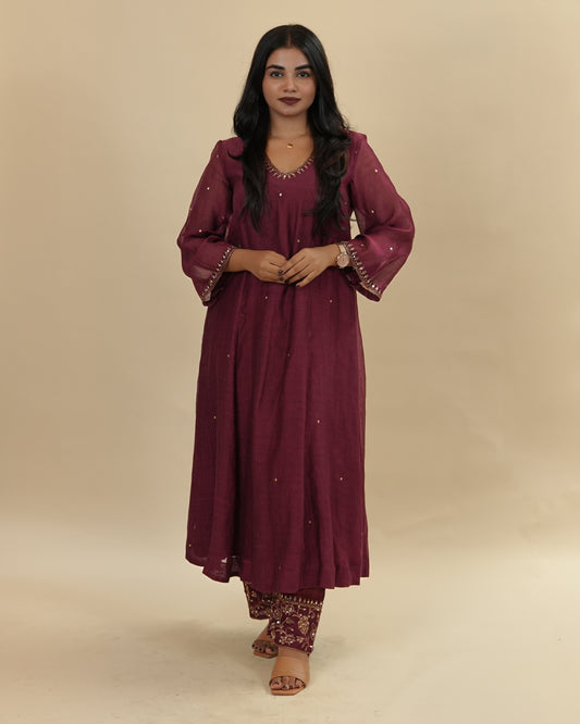 Deep maroon chanderi top and pants