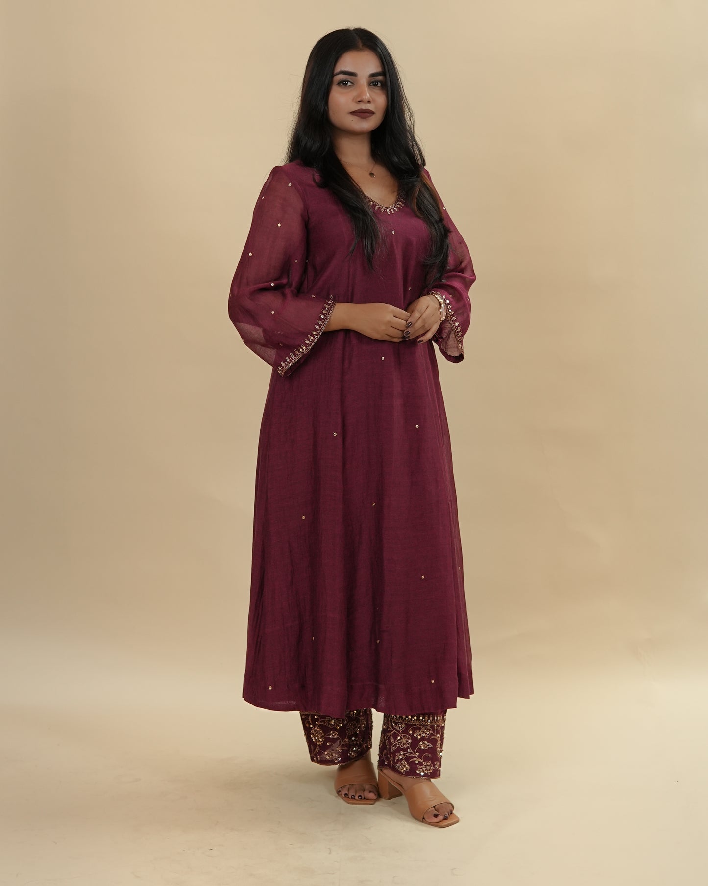 Deep maroon chanderi top and pants