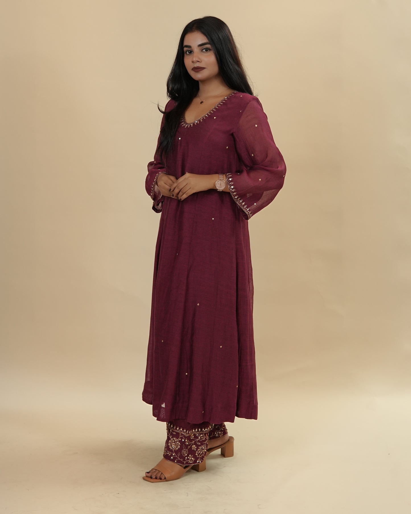 Deep maroon chanderi top and pants