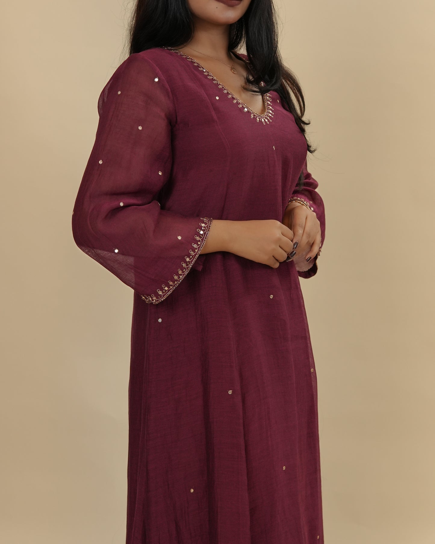 Deep maroon chanderi top and pants