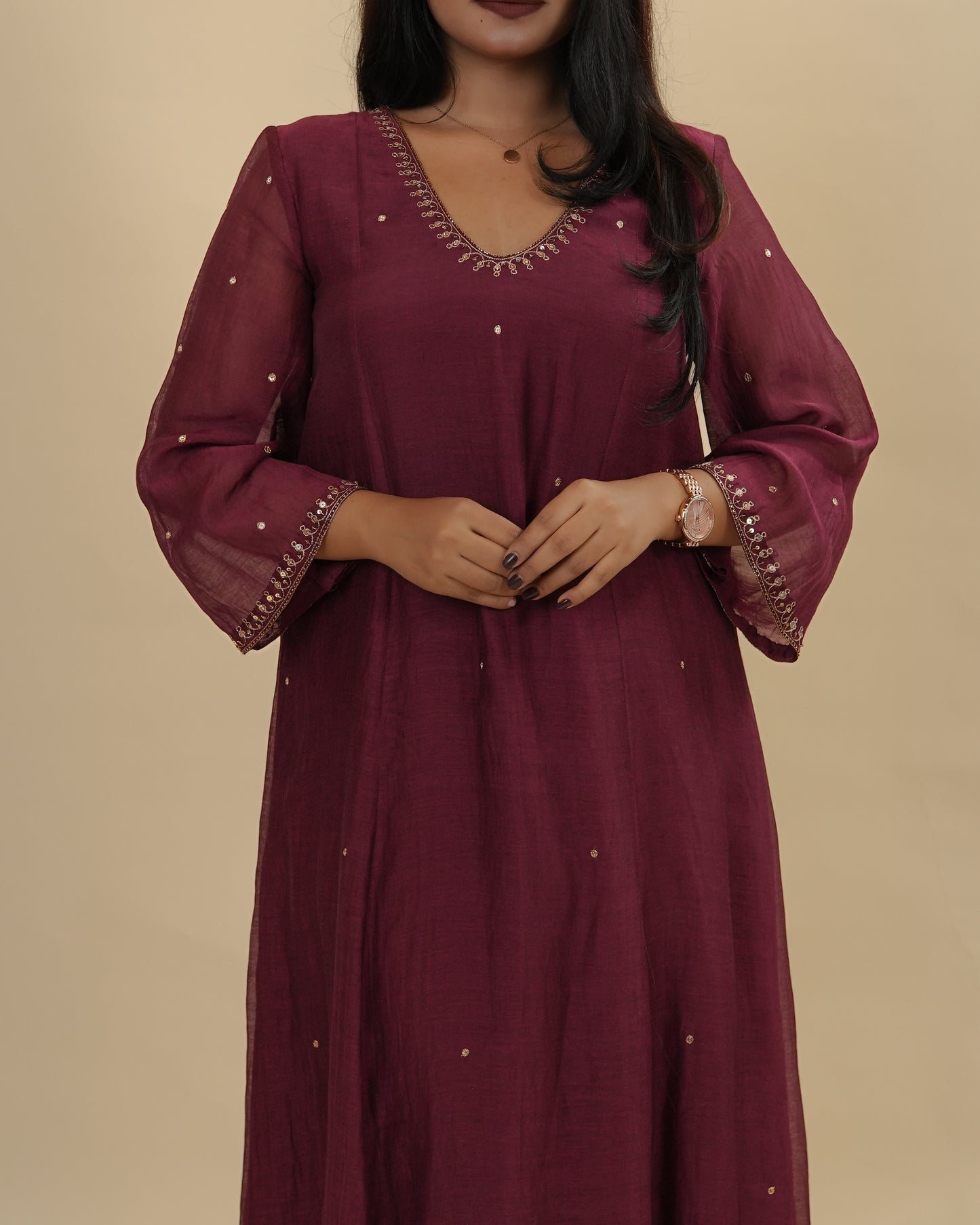 Deep maroon chanderi top and pants