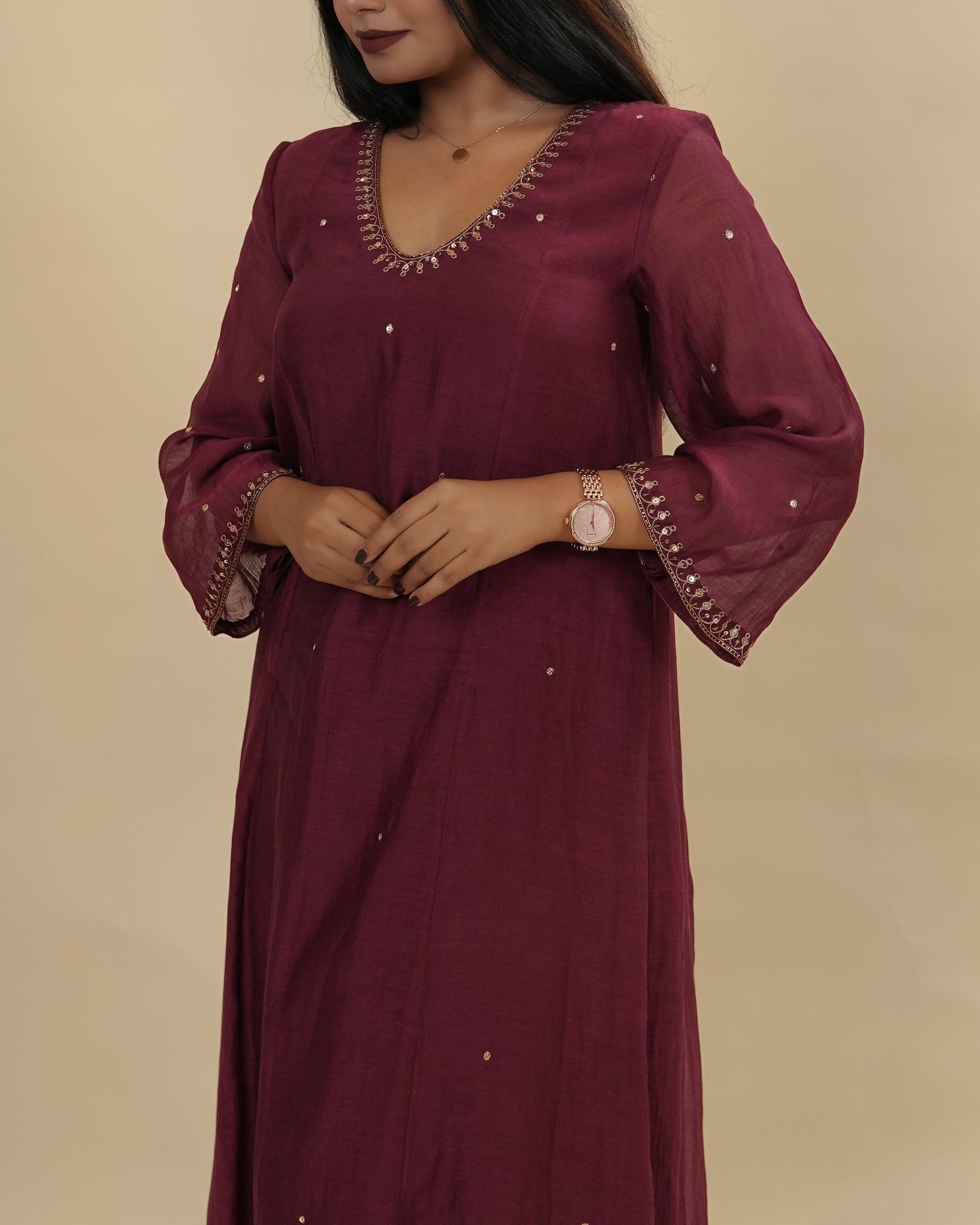 Deep maroon chanderi top and pants