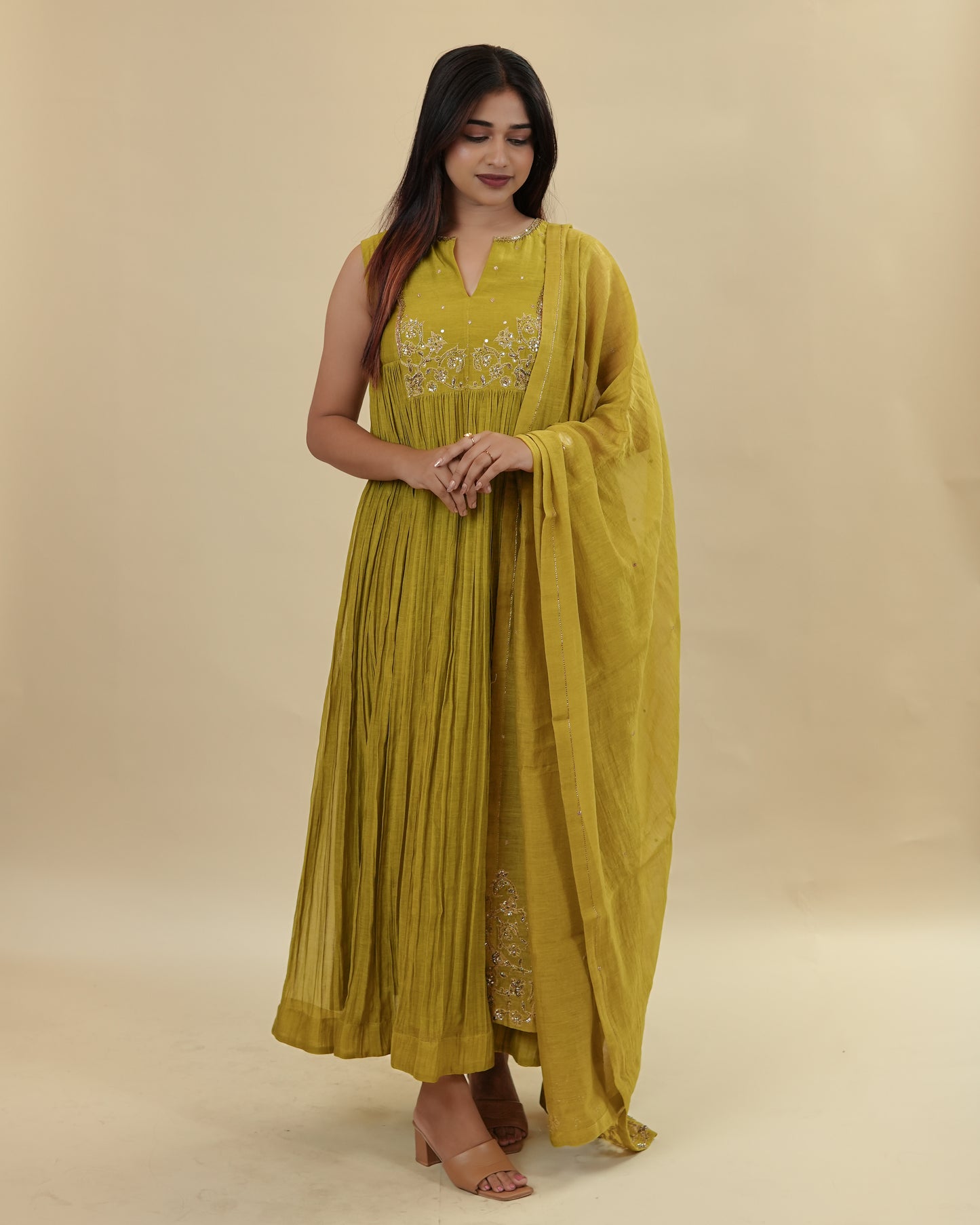 Green rectangle yoke dress with dupatta