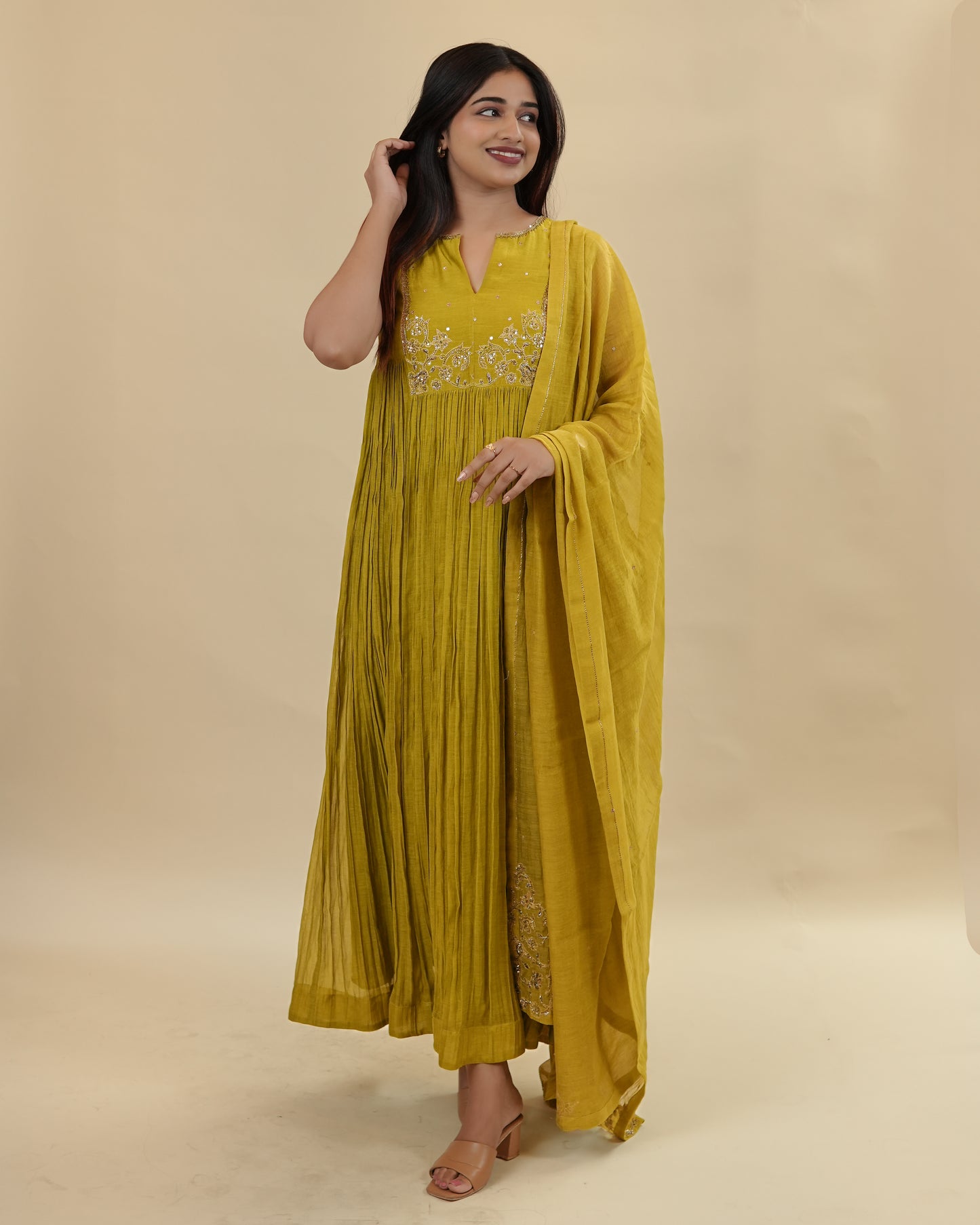 Green rectangle yoke dress with dupatta