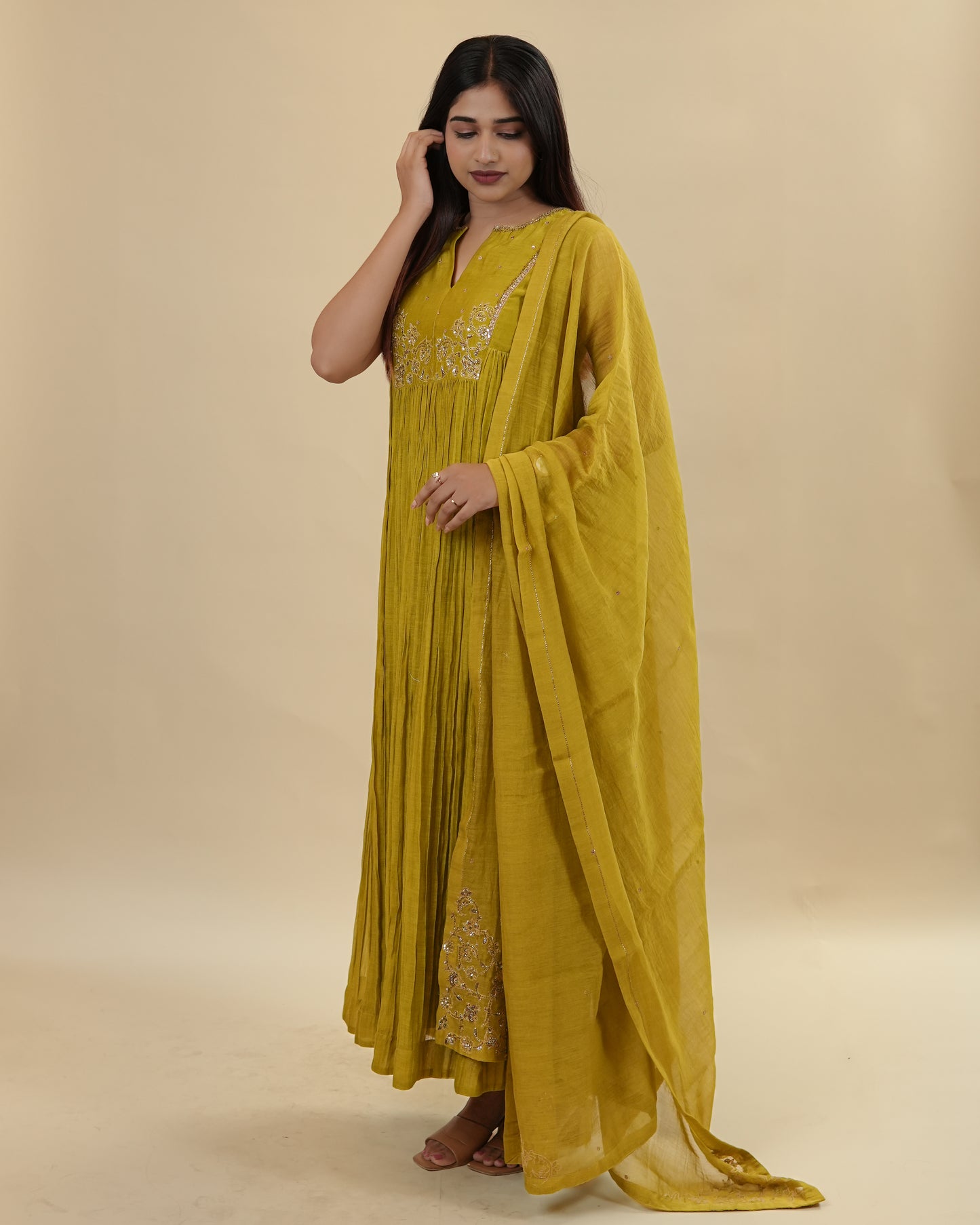 Green rectangle yoke dress with dupatta