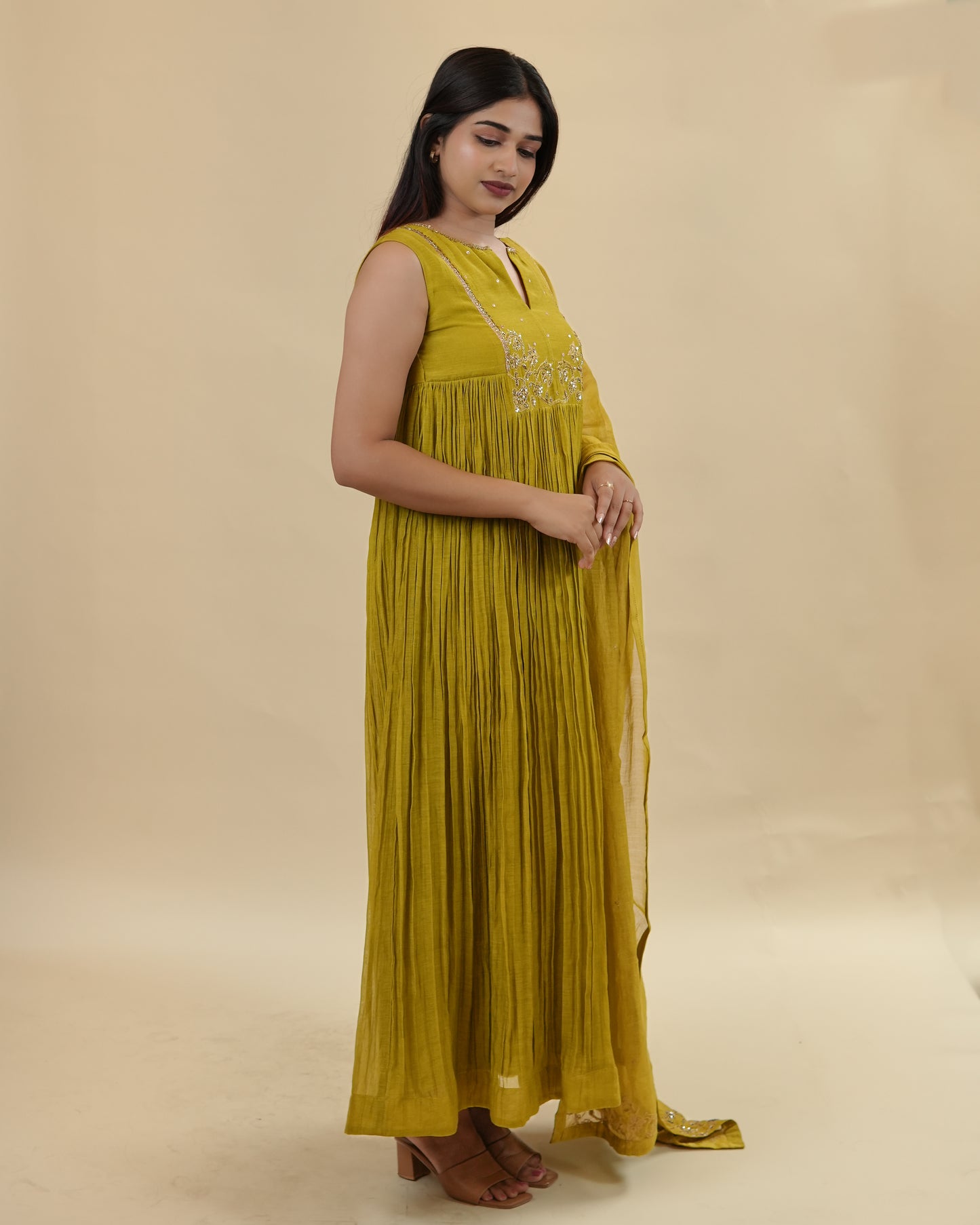 Green rectangle yoke dress with dupatta