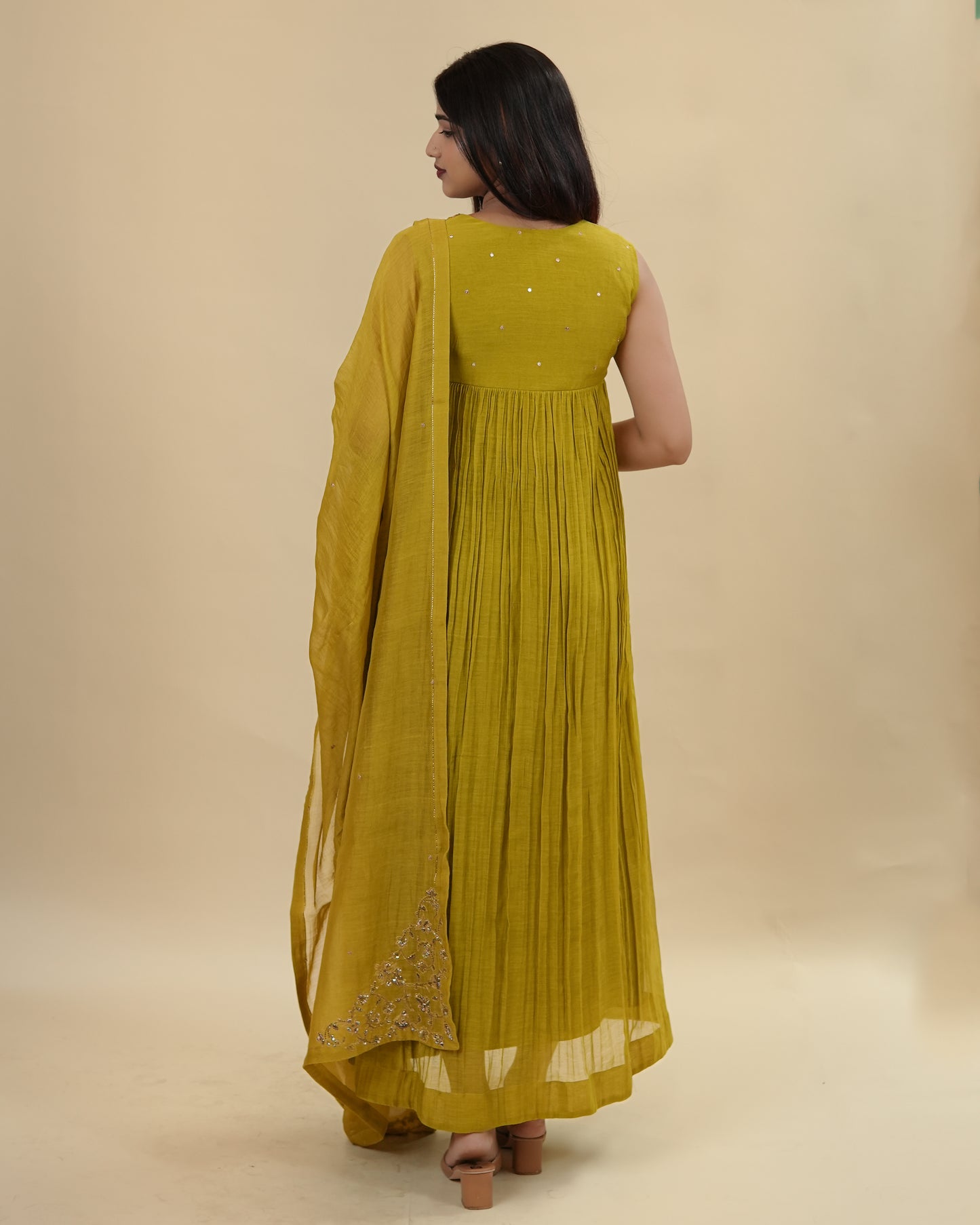 Green rectangle yoke dress with dupatta