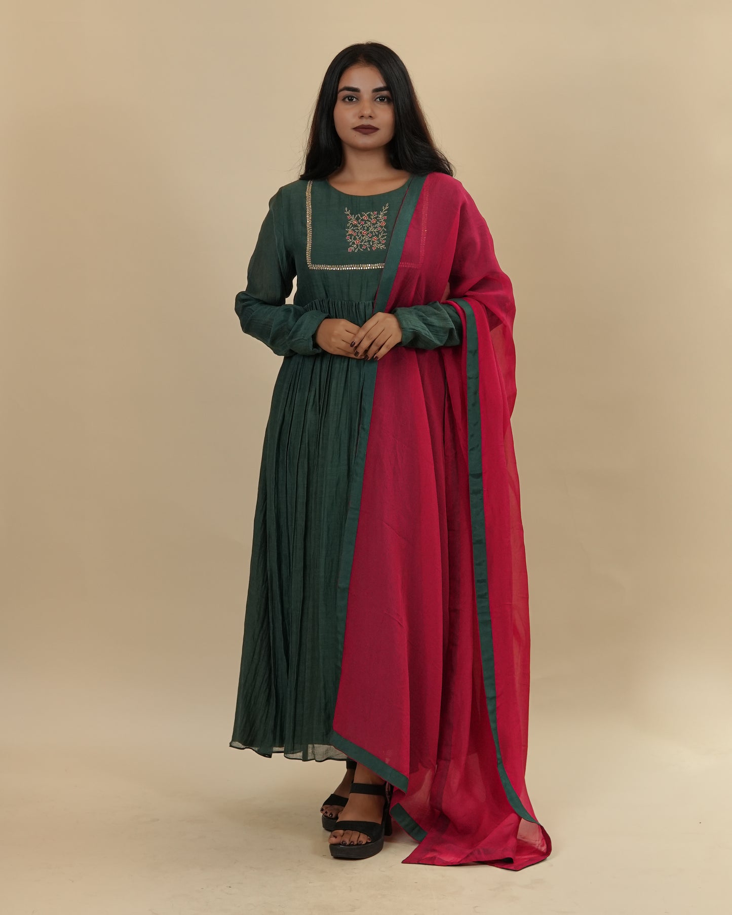 Dark Green dress with chudi sleeves & dupatta