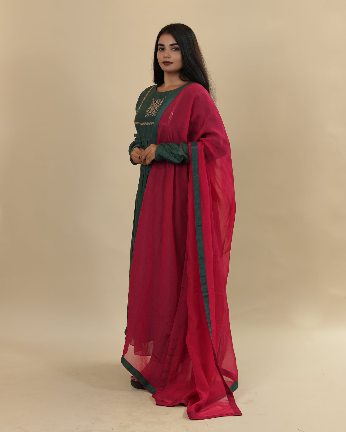 Dark Green dress with chudi sleeves & dupatta