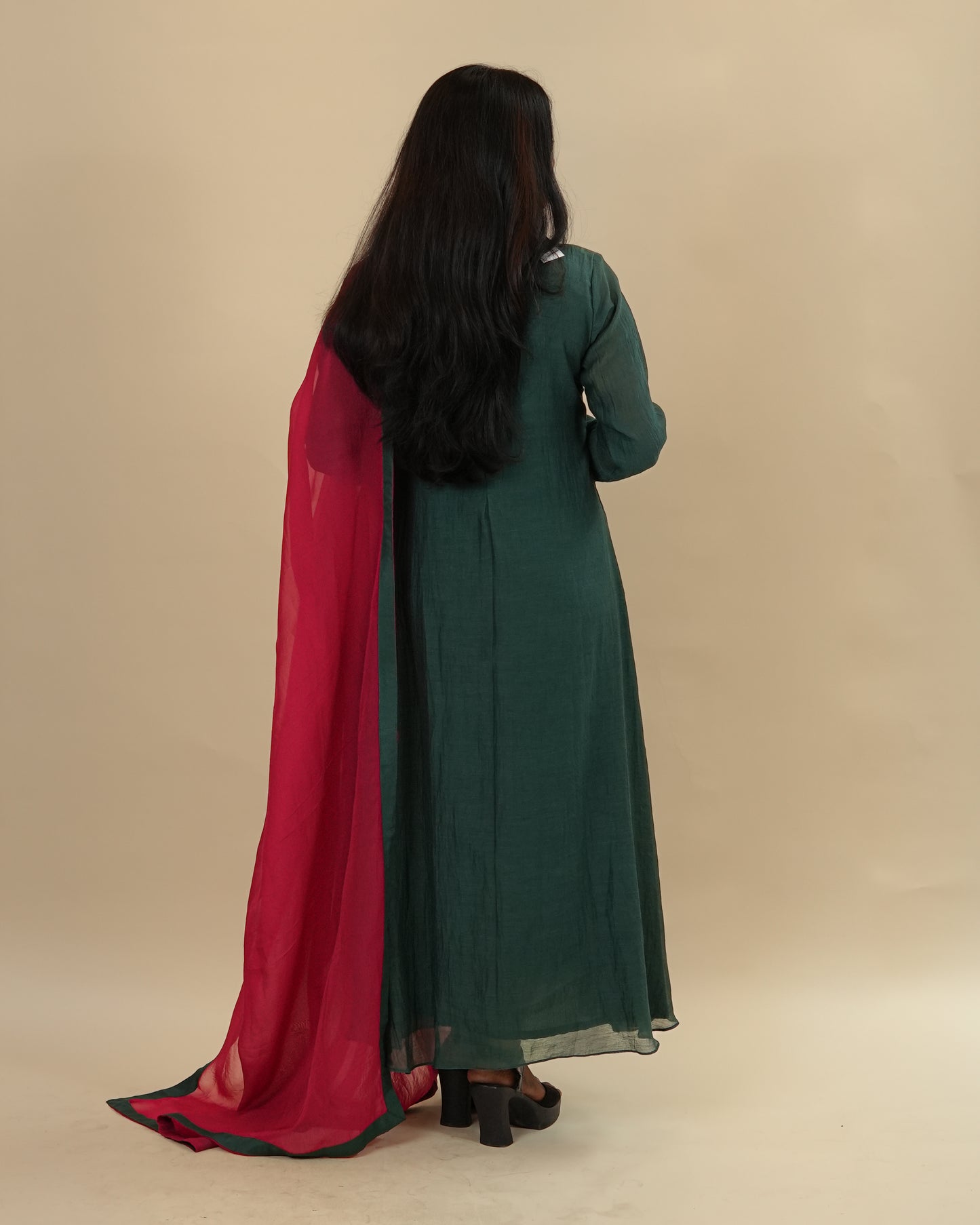 Dark Green dress with chudi sleeves & dupatta