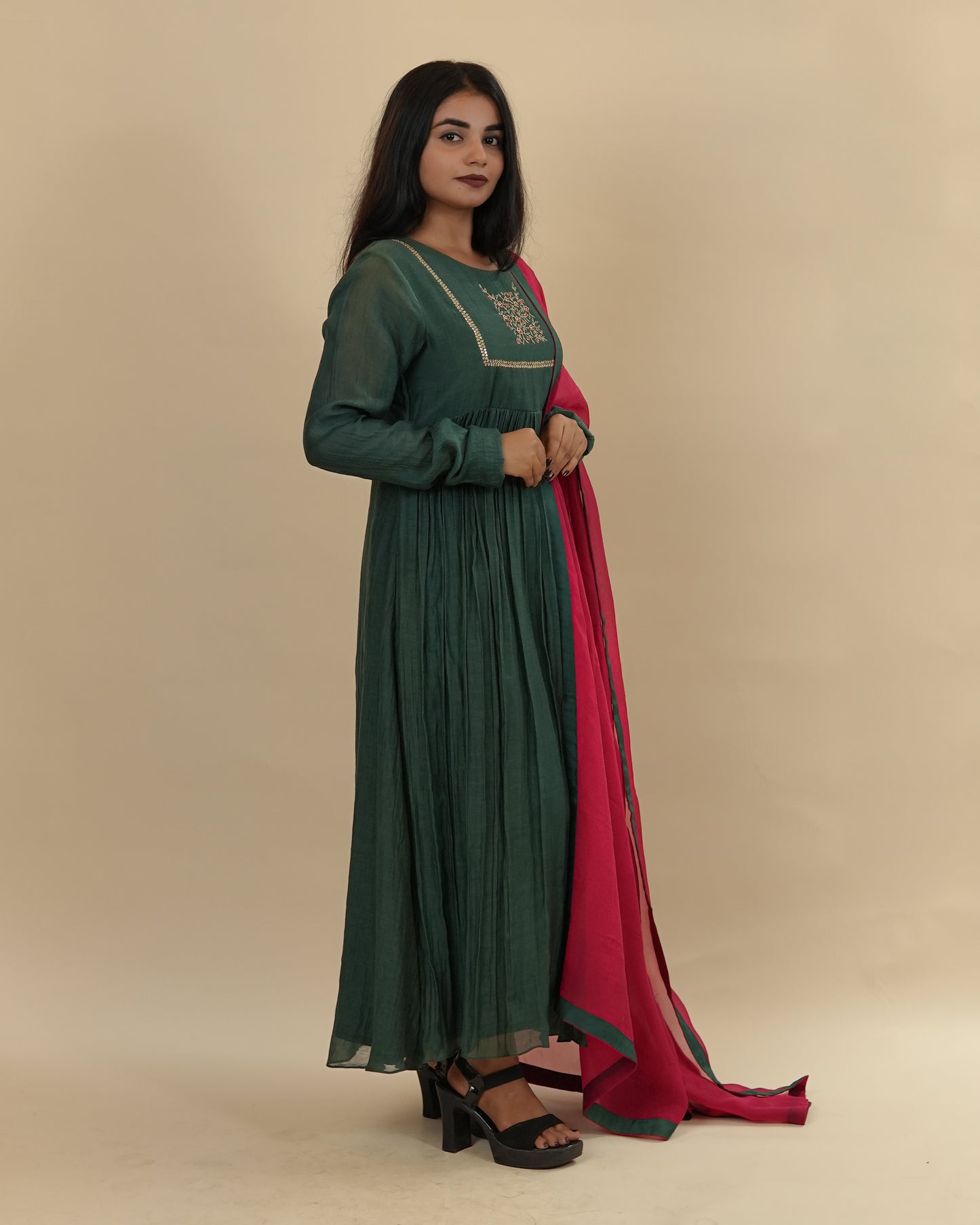 Dark Green dress with chudi sleeves & dupatta