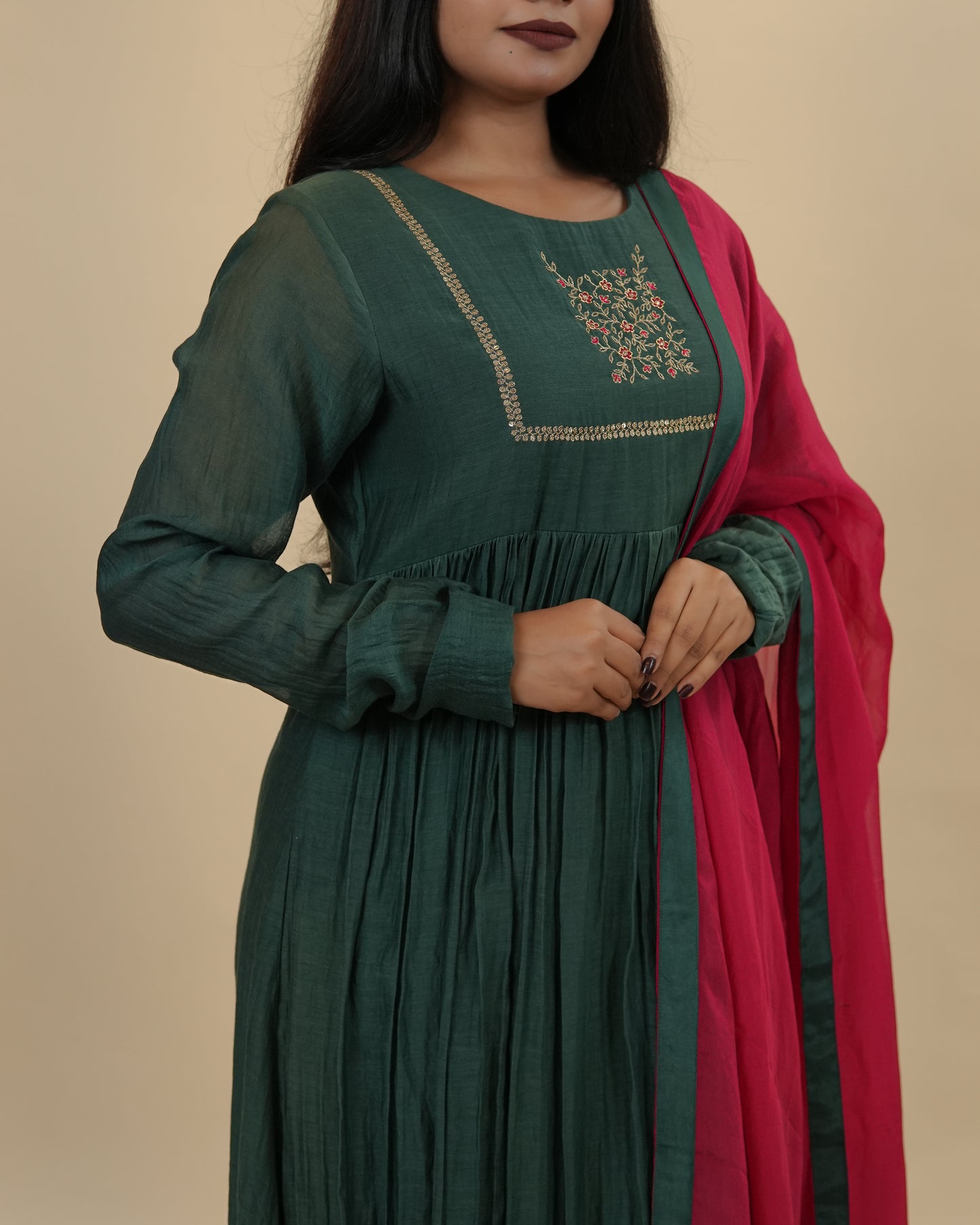 Dark Green dress with chudi sleeves & dupatta