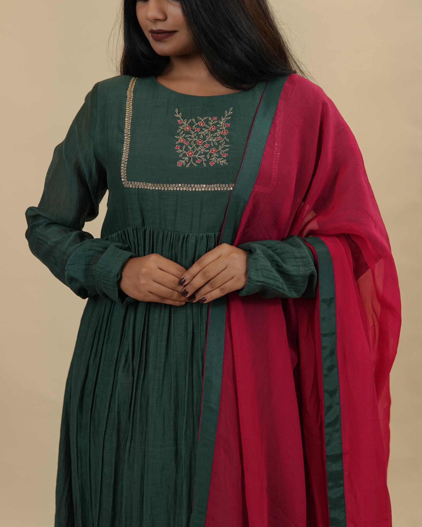 Dark Green dress with chudi sleeves & dupatta