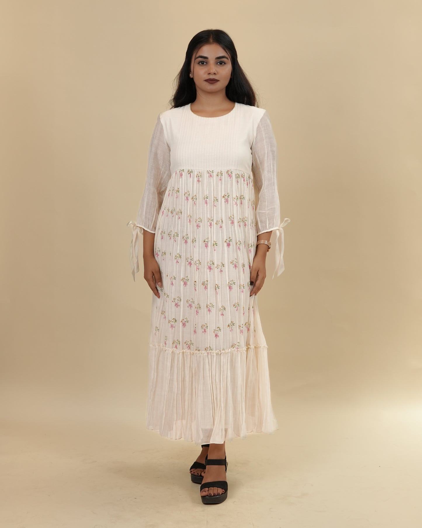 Elegant Off-White Floral chanderi Dress with Sheer Sleeves