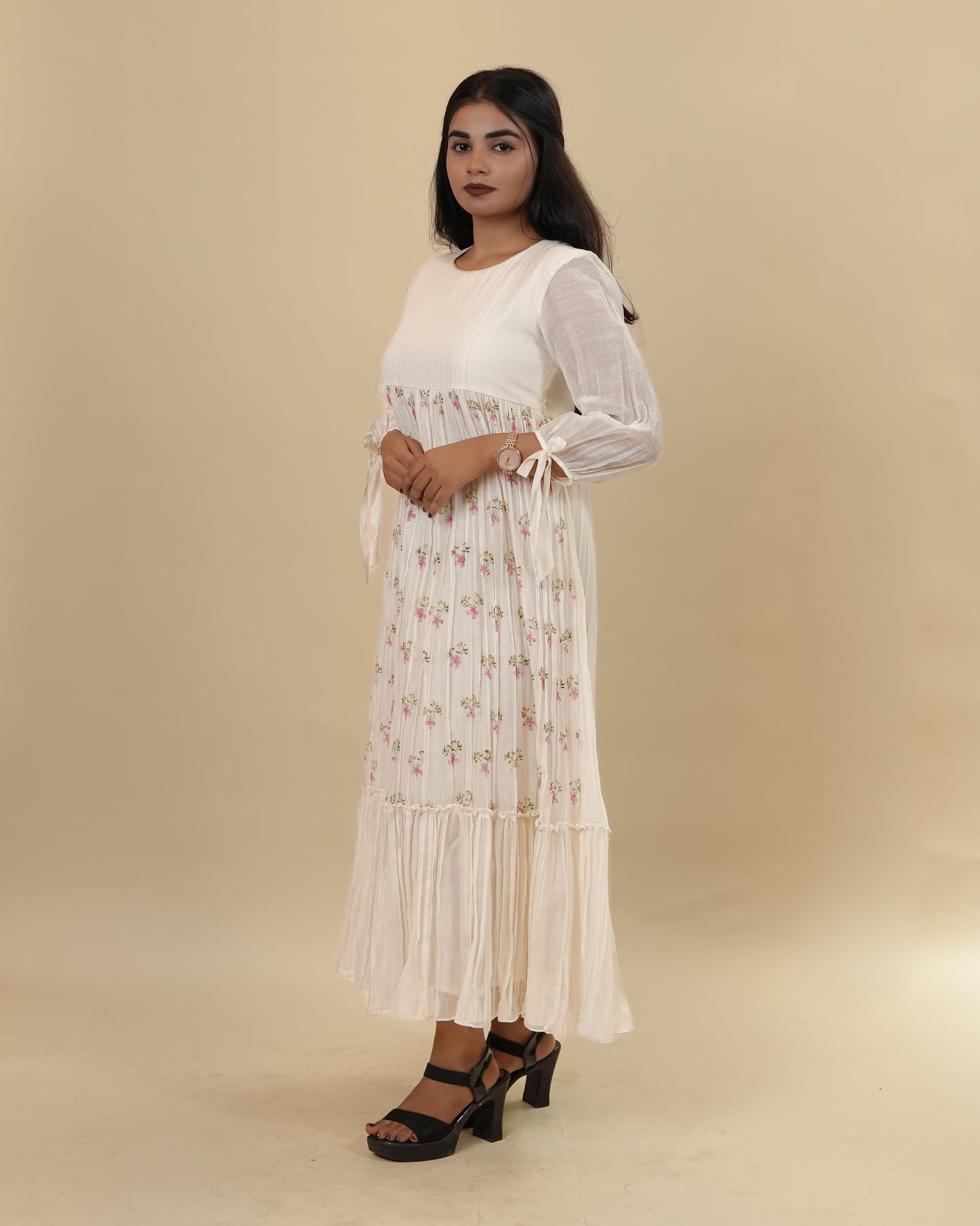 Elegant Off-White Floral chanderi Dress with Sheer Sleeves