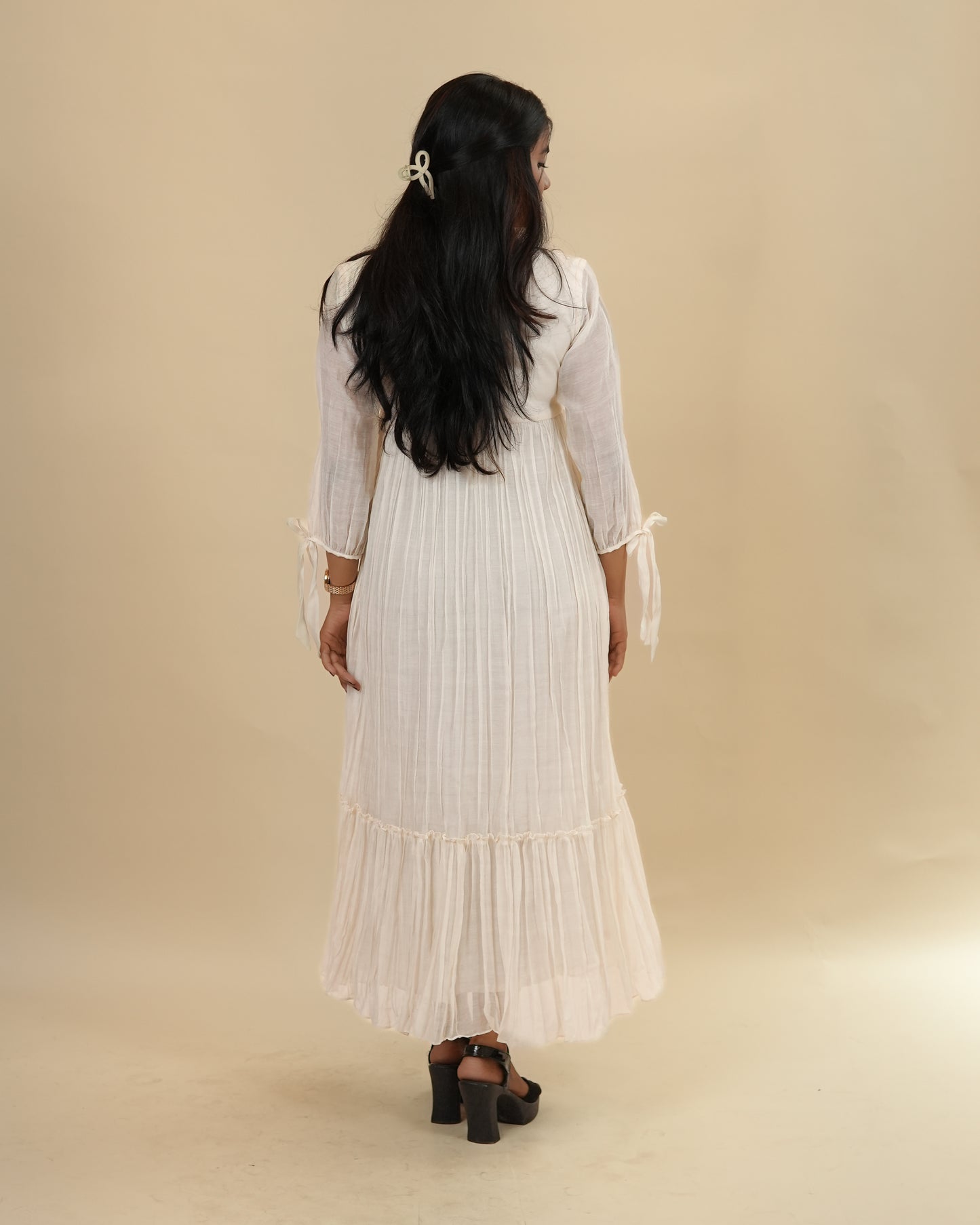 Elegant Off-White Floral chanderi Dress with Sheer Sleeves