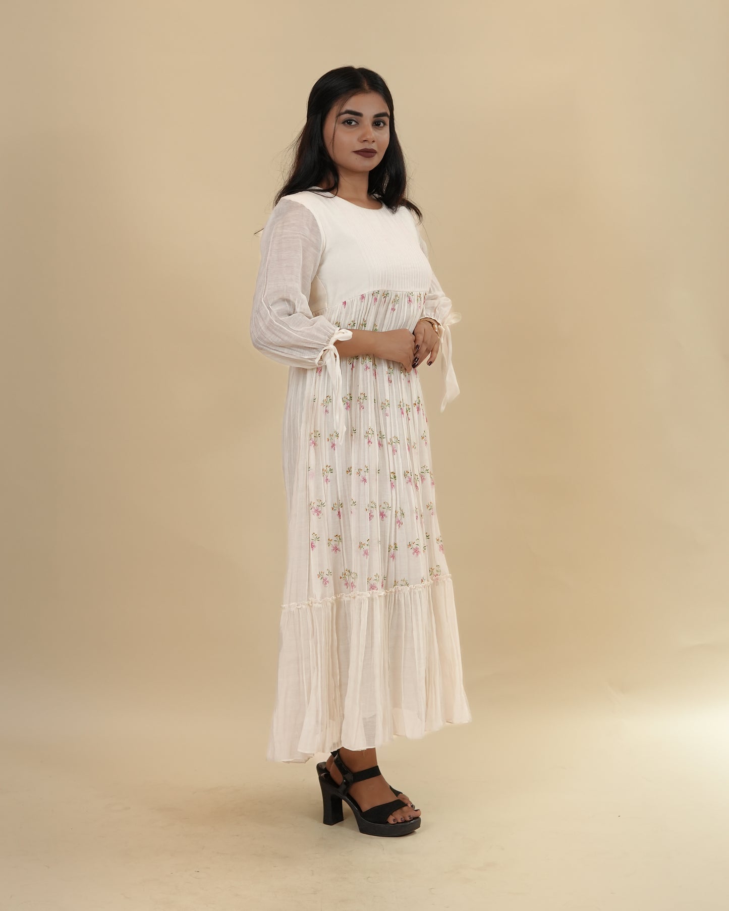 Elegant Off-White Floral chanderi Dress with Sheer Sleeves