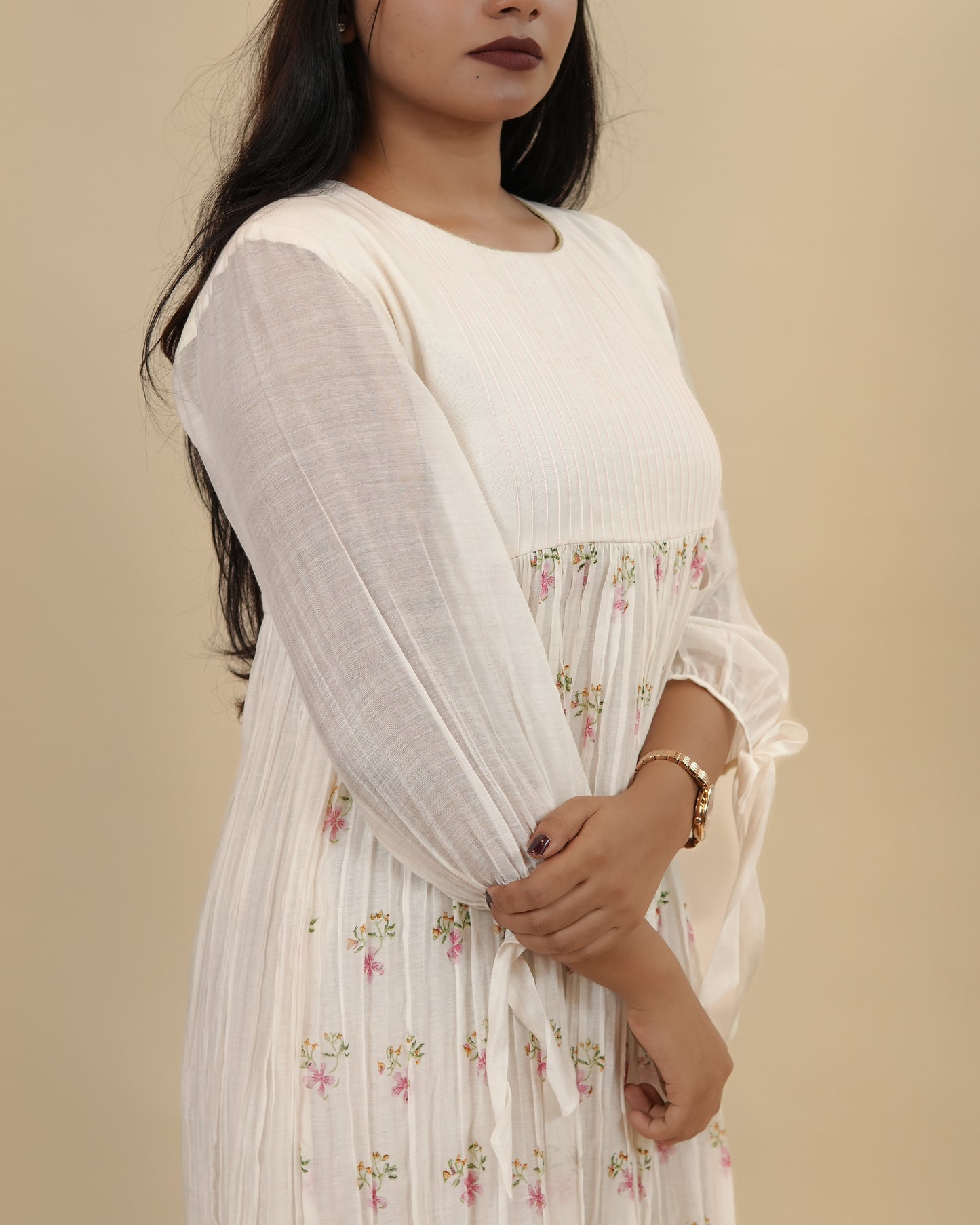 Elegant Off-White Floral chanderi Dress with Sheer Sleeves