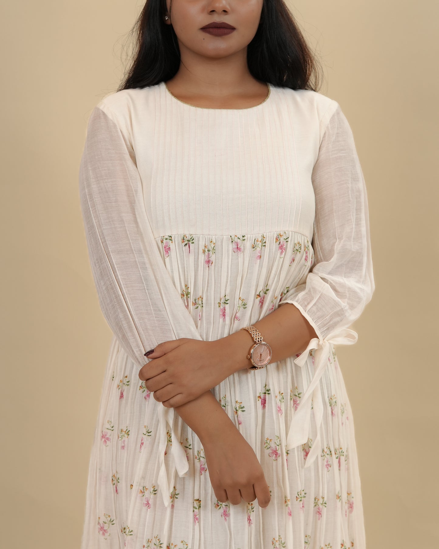 Elegant Off-White Floral chanderi Dress with Sheer Sleeves